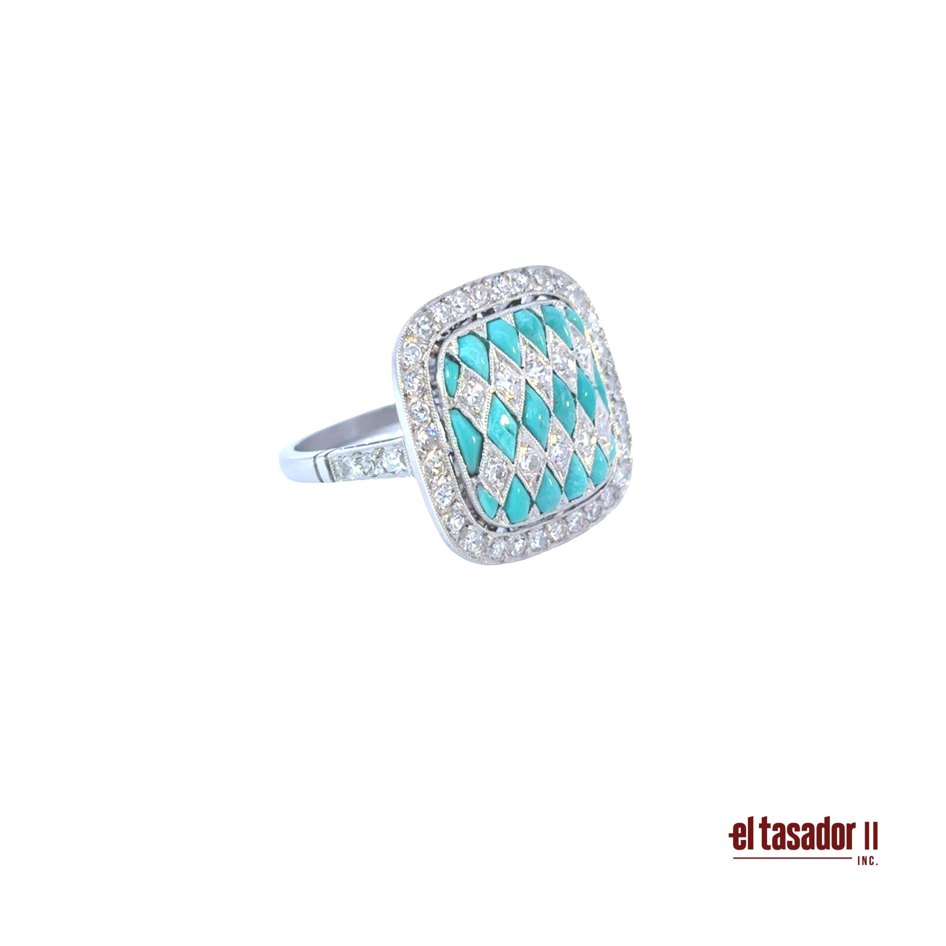 Art Deco Stil Ring - Platin Diamant und Türkis (Art déco) im Angebot