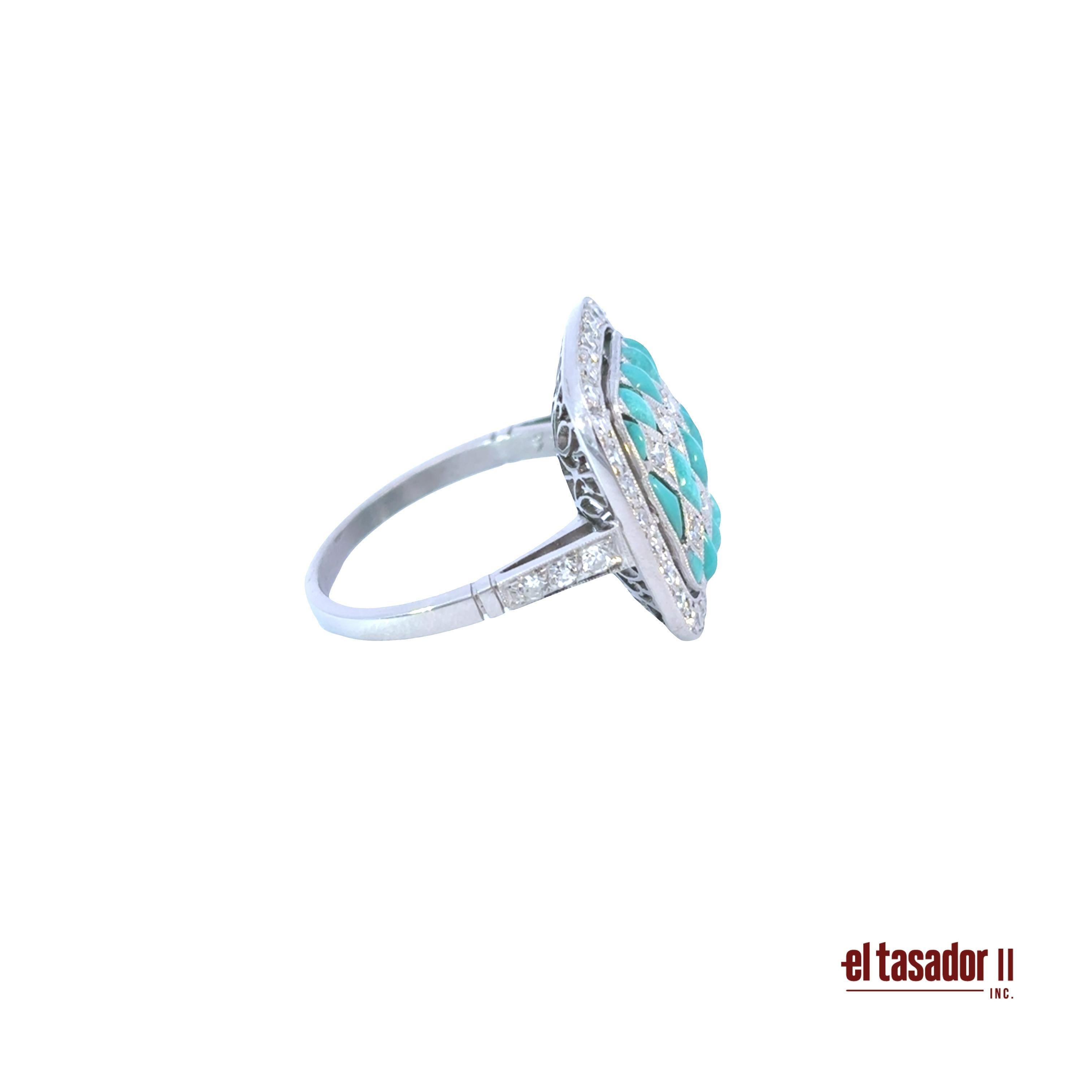 Art Deco Stil Ring - Platin Diamant und Türkis (Brillantschliff) im Angebot