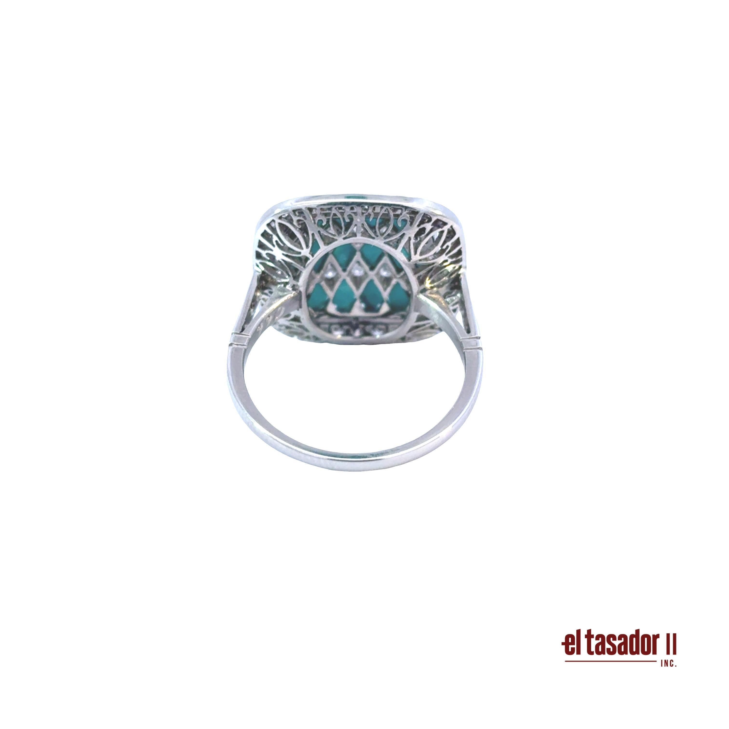 Art Deco Stil Ring - Platin Diamant und Türkis im Zustand „Neu“ im Angebot in Aventura, FL