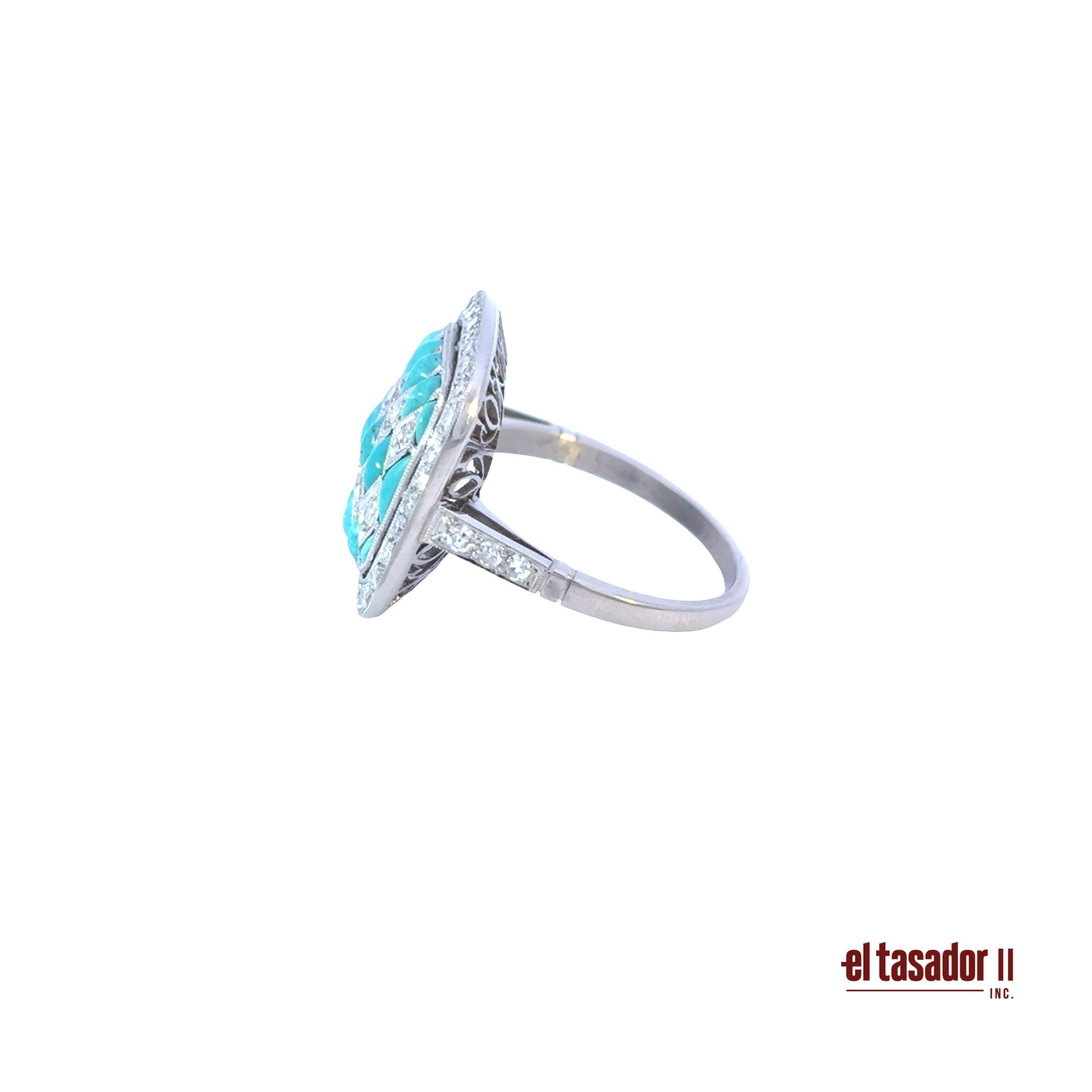 Art Deco Stil Ring - Platin Diamant und Türkis Damen im Angebot