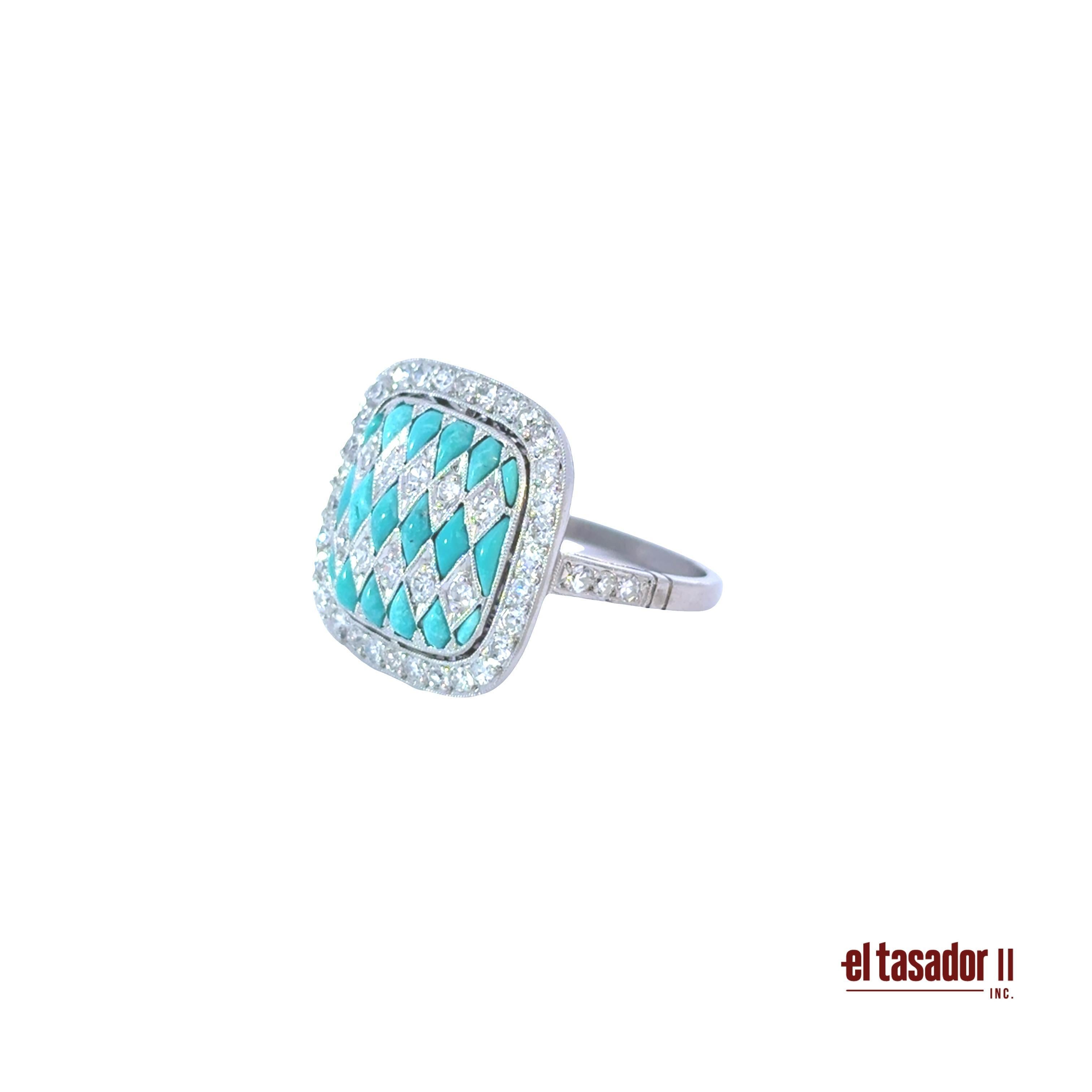 Art Deco Stil Ring - Platin Diamant und Türkis im Angebot 1