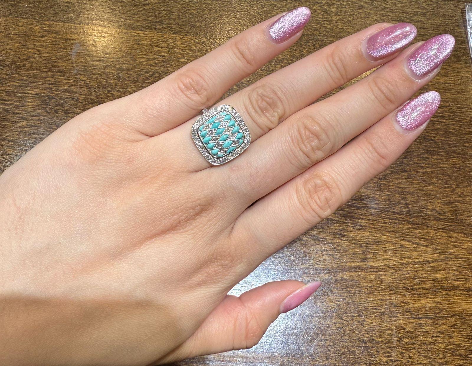 Art Deco Stil Ring - Platin Diamant und Türkis im Angebot 3