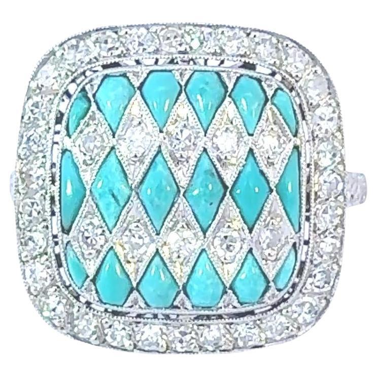 Bague de style Art Déco - Platine Diamant et Turquoise