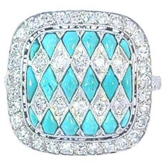 Anello in stile Art Déco - Platino, diamanti e turchesi