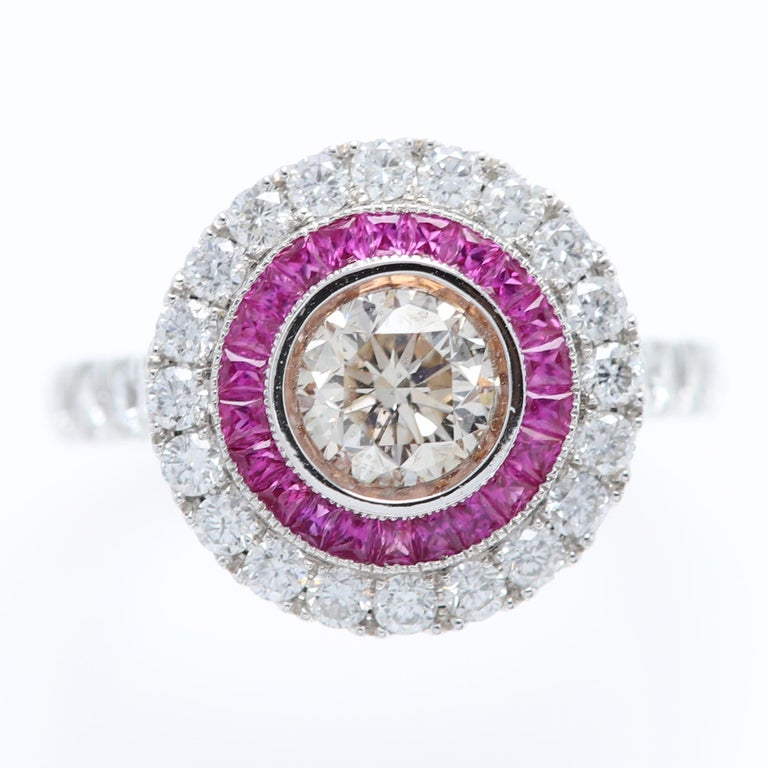 Art Deco Style Ring Ruby and Diamonds 18 Karat White Gold For Sale at ...