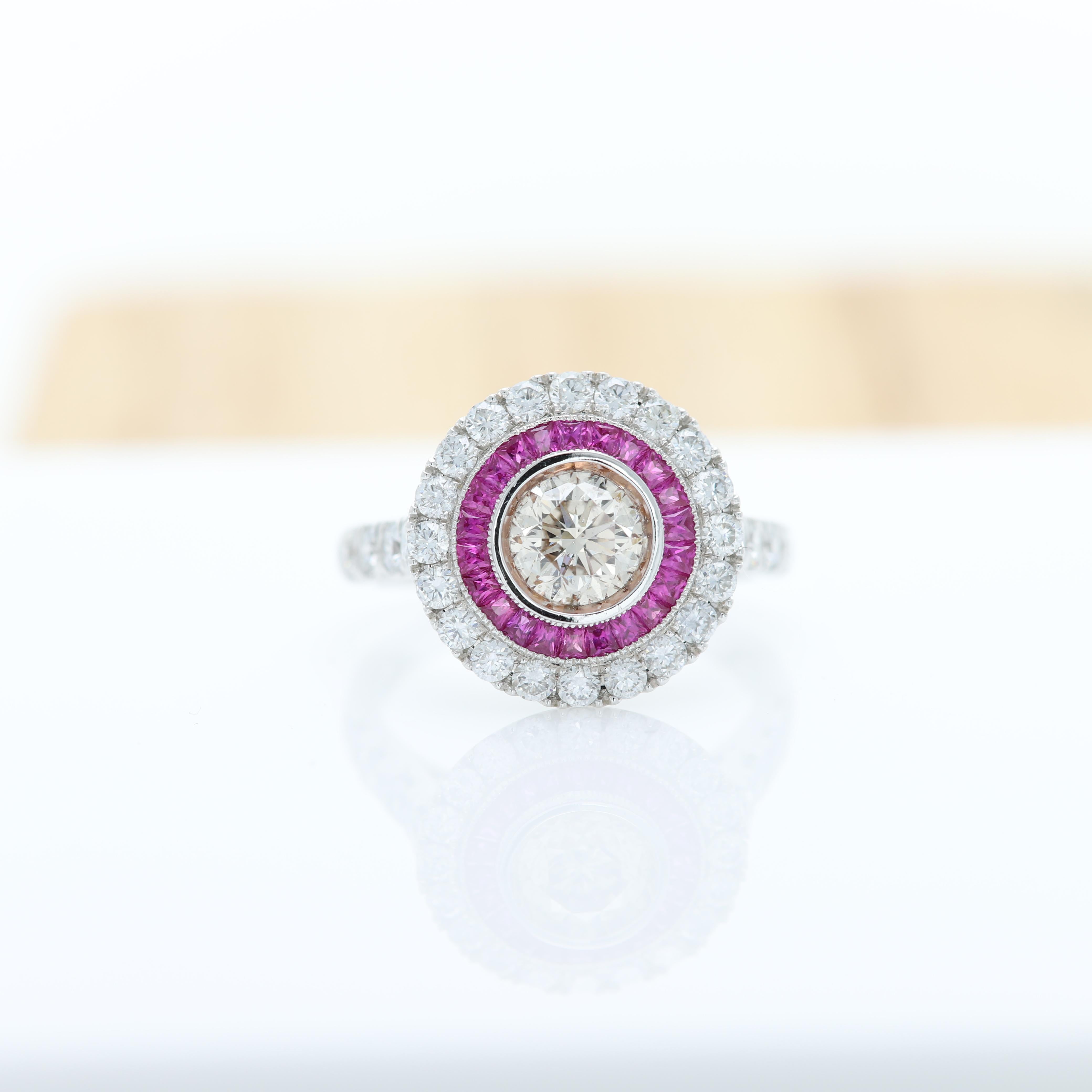 Round Cut Art Deco Style Ring Ruby and Diamonds 18 Karat White Gold For Sale