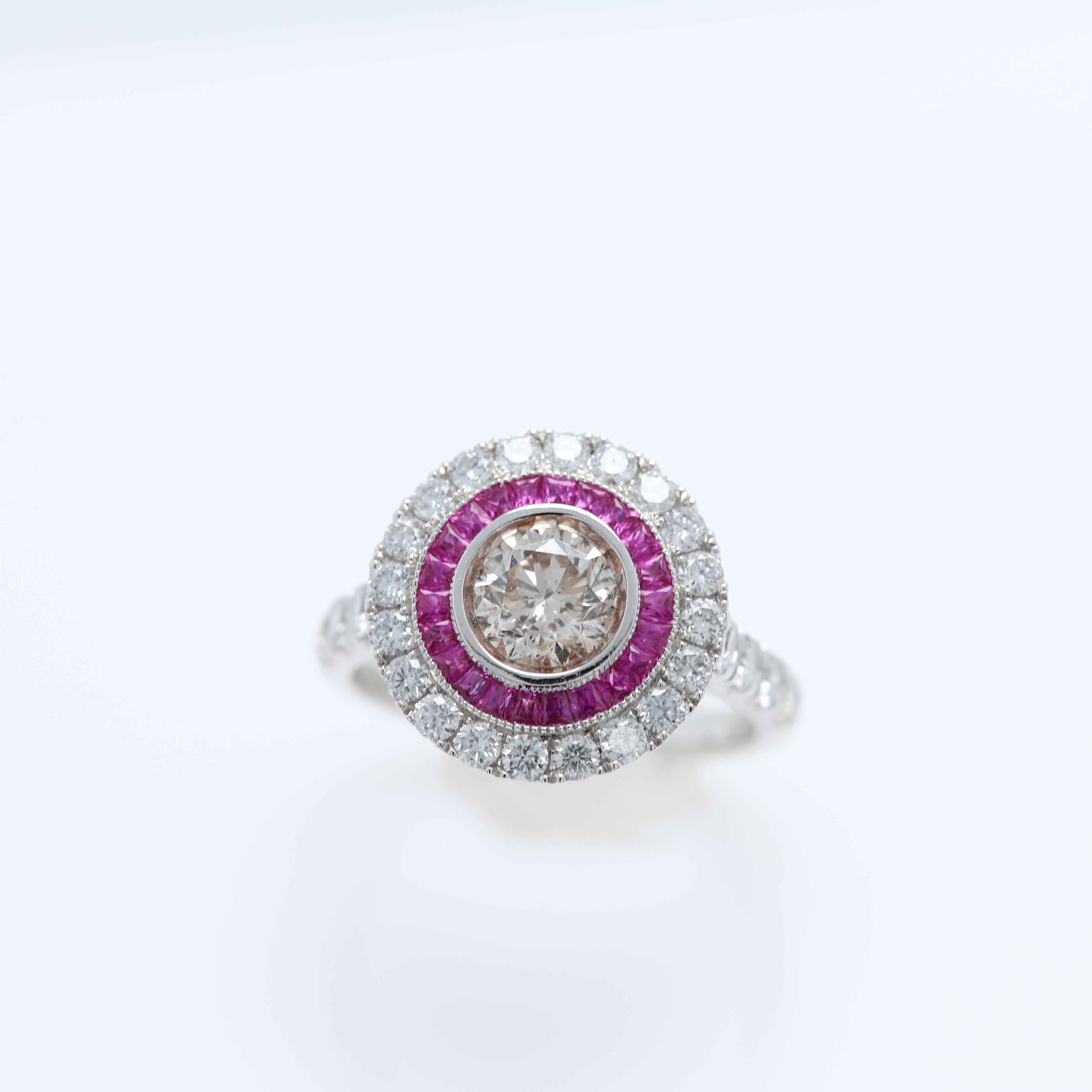 Art Deco Style Ring Ruby and Diamonds 18 Karat White Gold For Sale 1