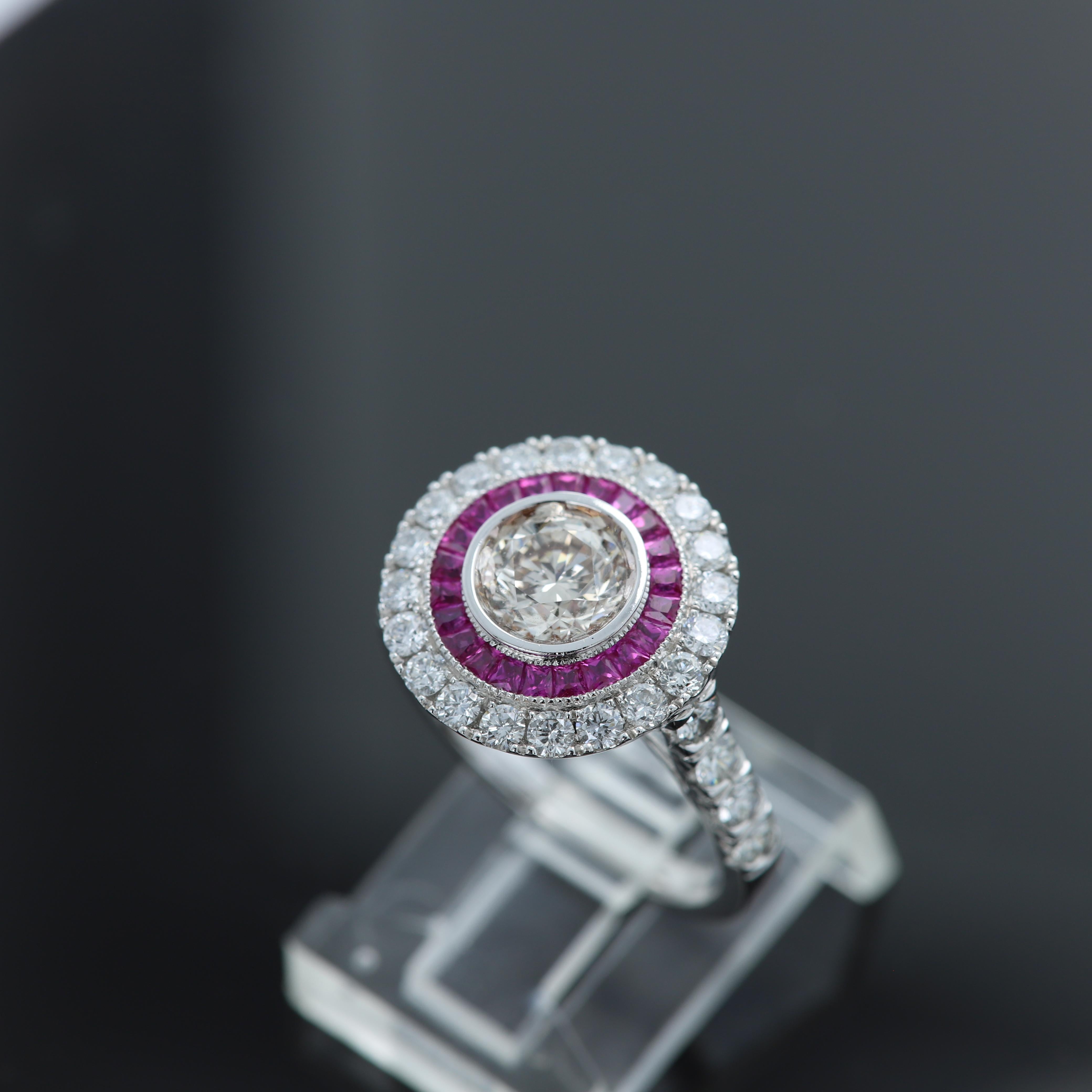 Art Deco Style Ring Ruby and Diamonds 18 Karat White Gold For Sale 2