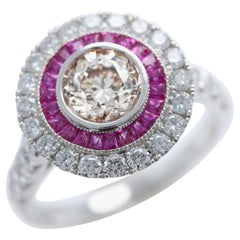 Art Deco Style Ring Ruby and Diamonds 18 Karat White Gold