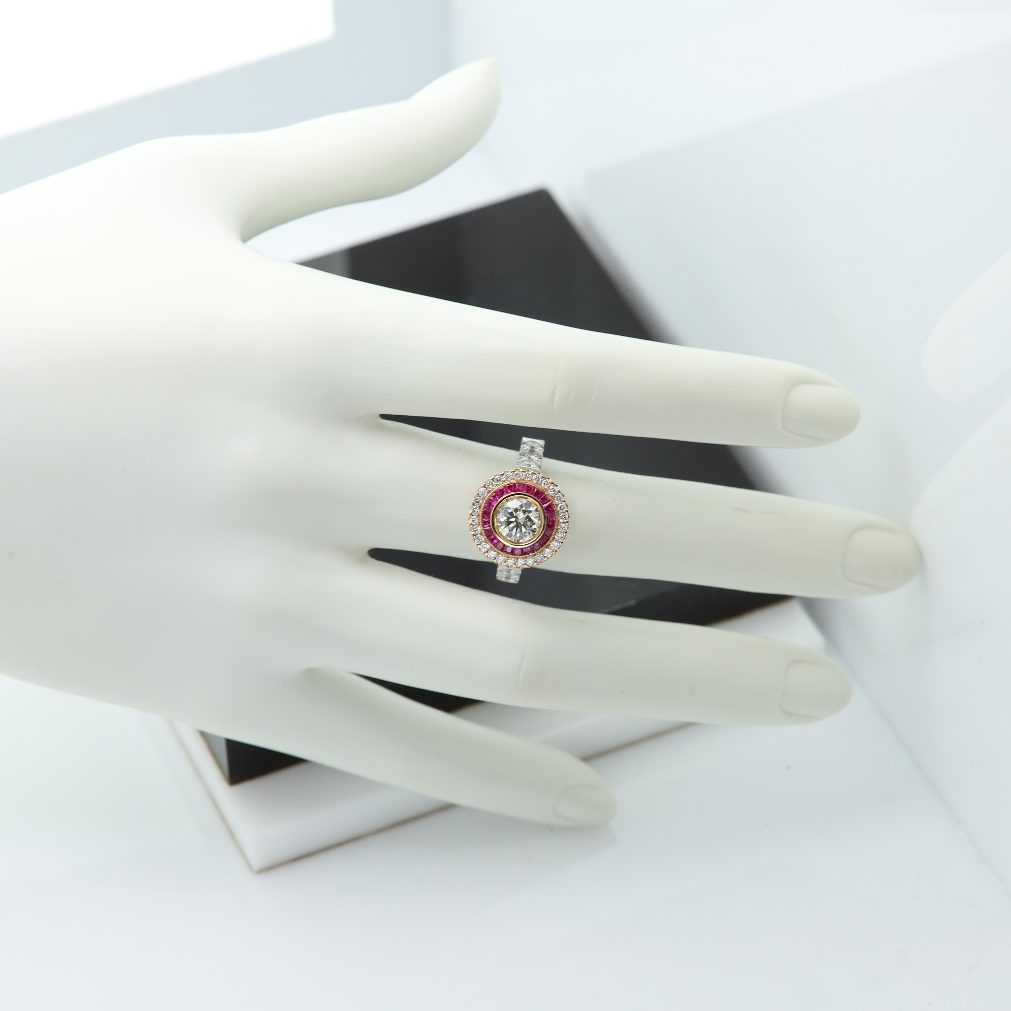 Art Deco Ring Ruby and Round Diamond 18 Karat White & Rose Gold Center 1.09ct For Sale 5