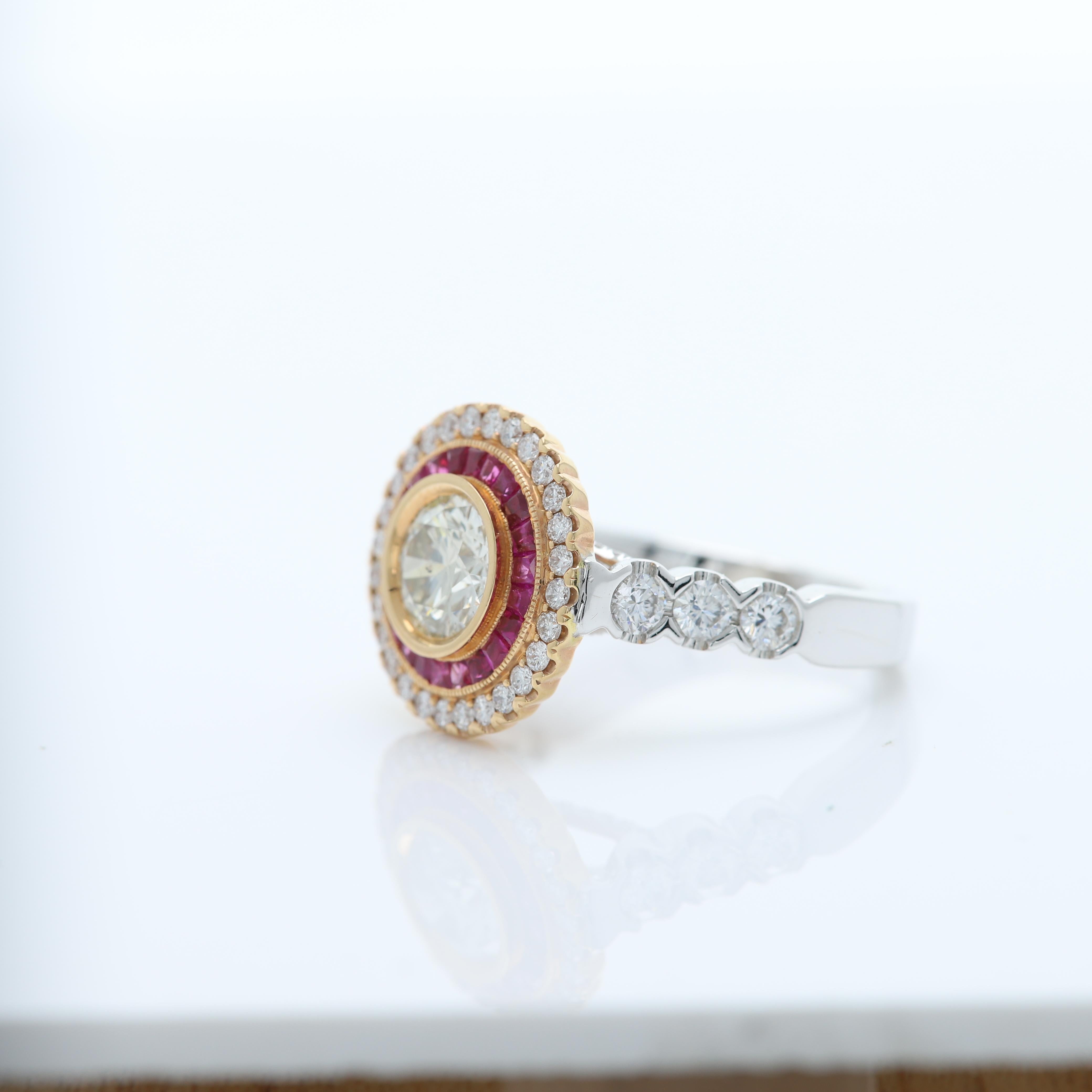 Art Deco Ring Ruby and Round Diamond 18 Karat White & Rose Gold Center 1.09ct For Sale 7