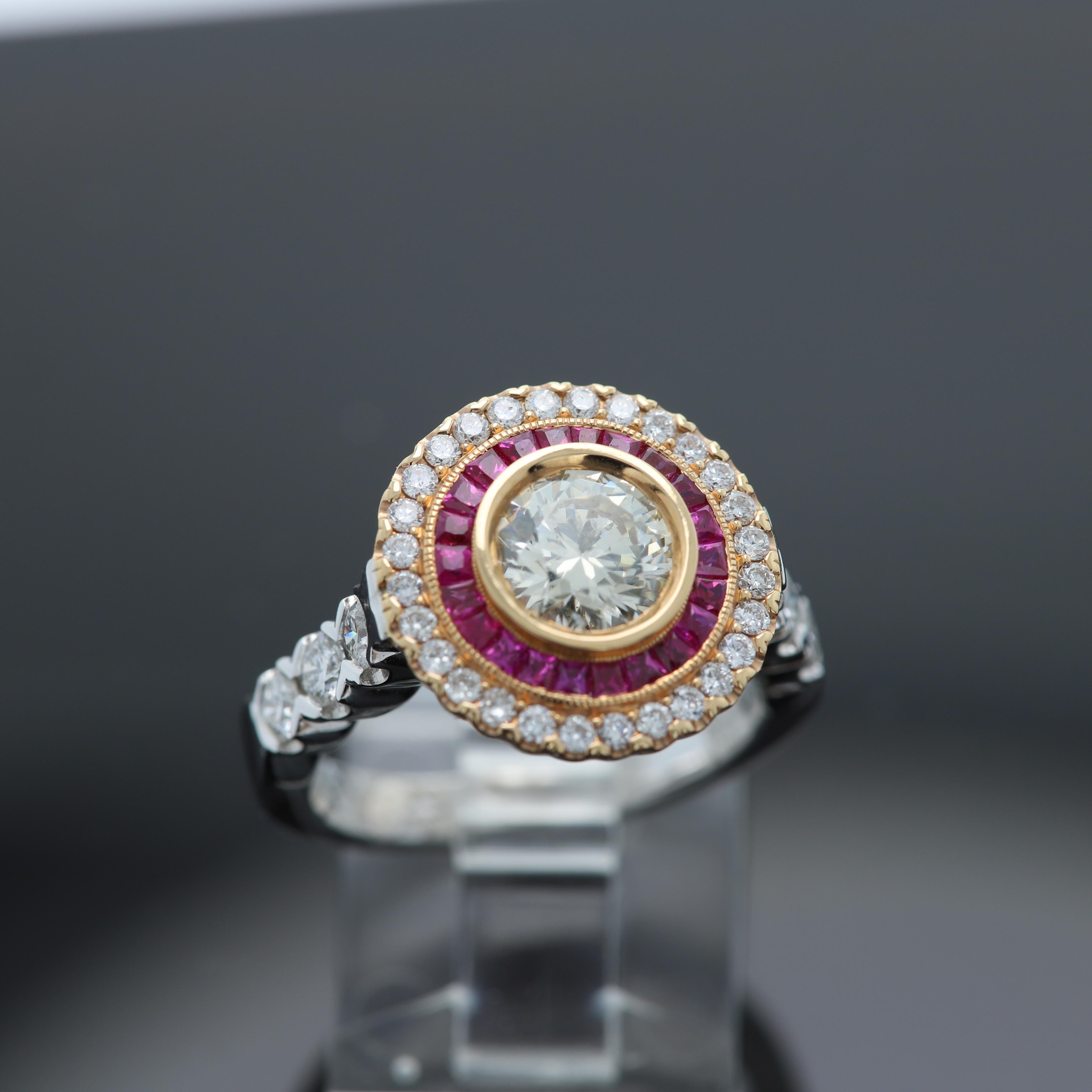 Art Deco Ring Ruby and Round Diamond 18 Karat White & Rose Gold Center 1.09ct For Sale 8