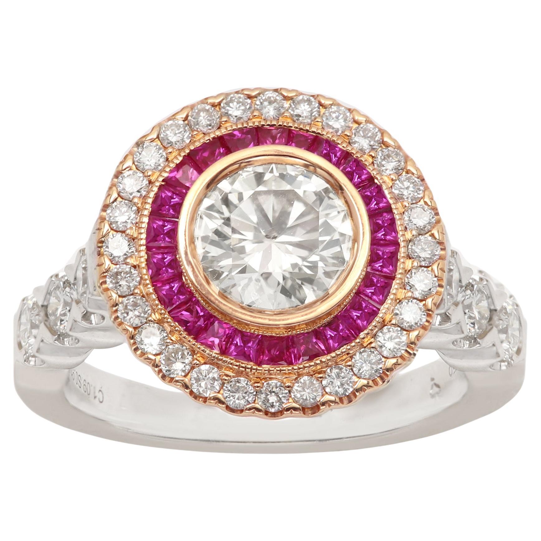 Art Deco Ring Ruby and Round Diamond 18 Karat White & Rose Gold Center 1.09ct For Sale