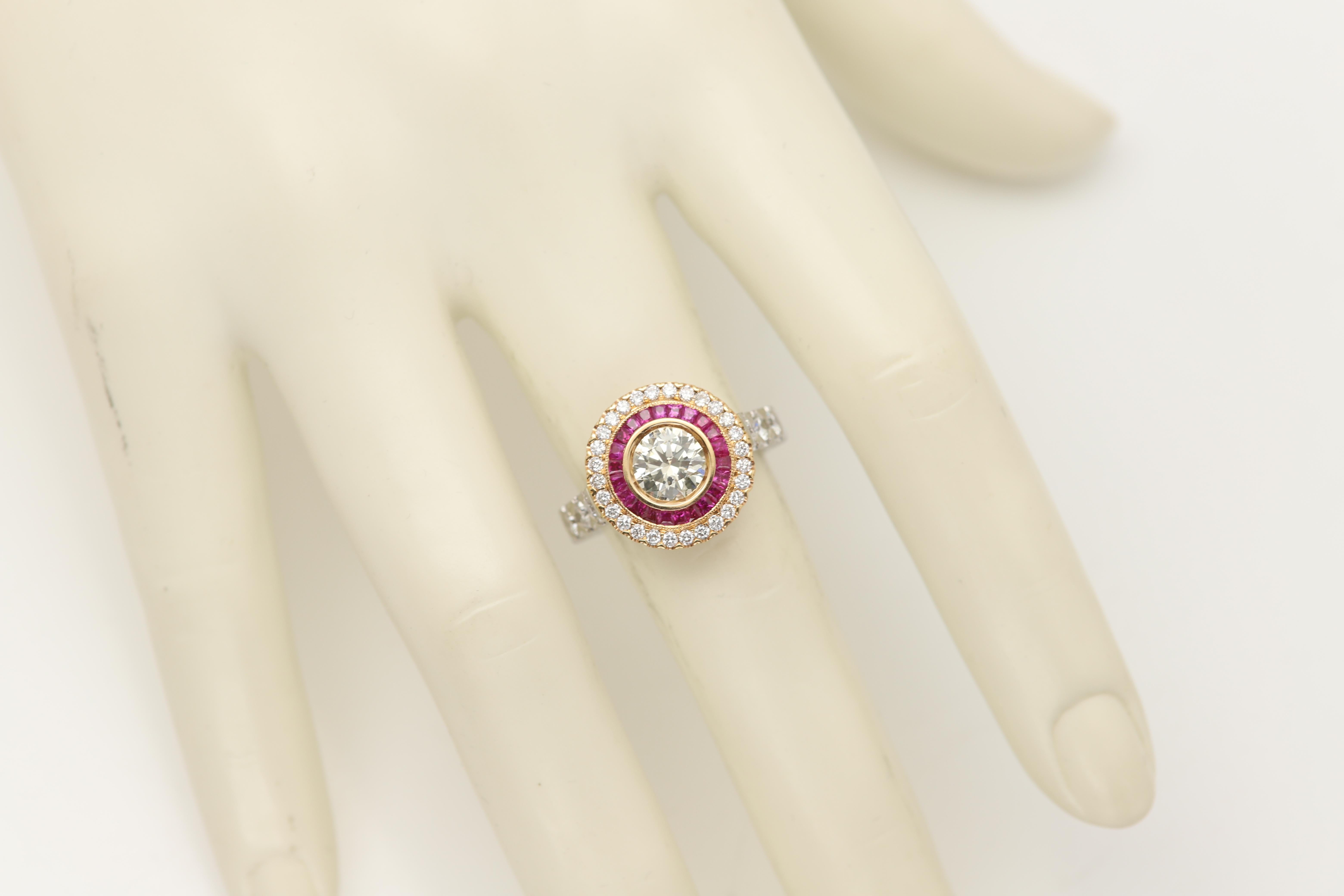 Art Deco Style Ring Ruby and Diamonds 18 Karat White & Yellow Gold Center 1.09ct For Sale 5