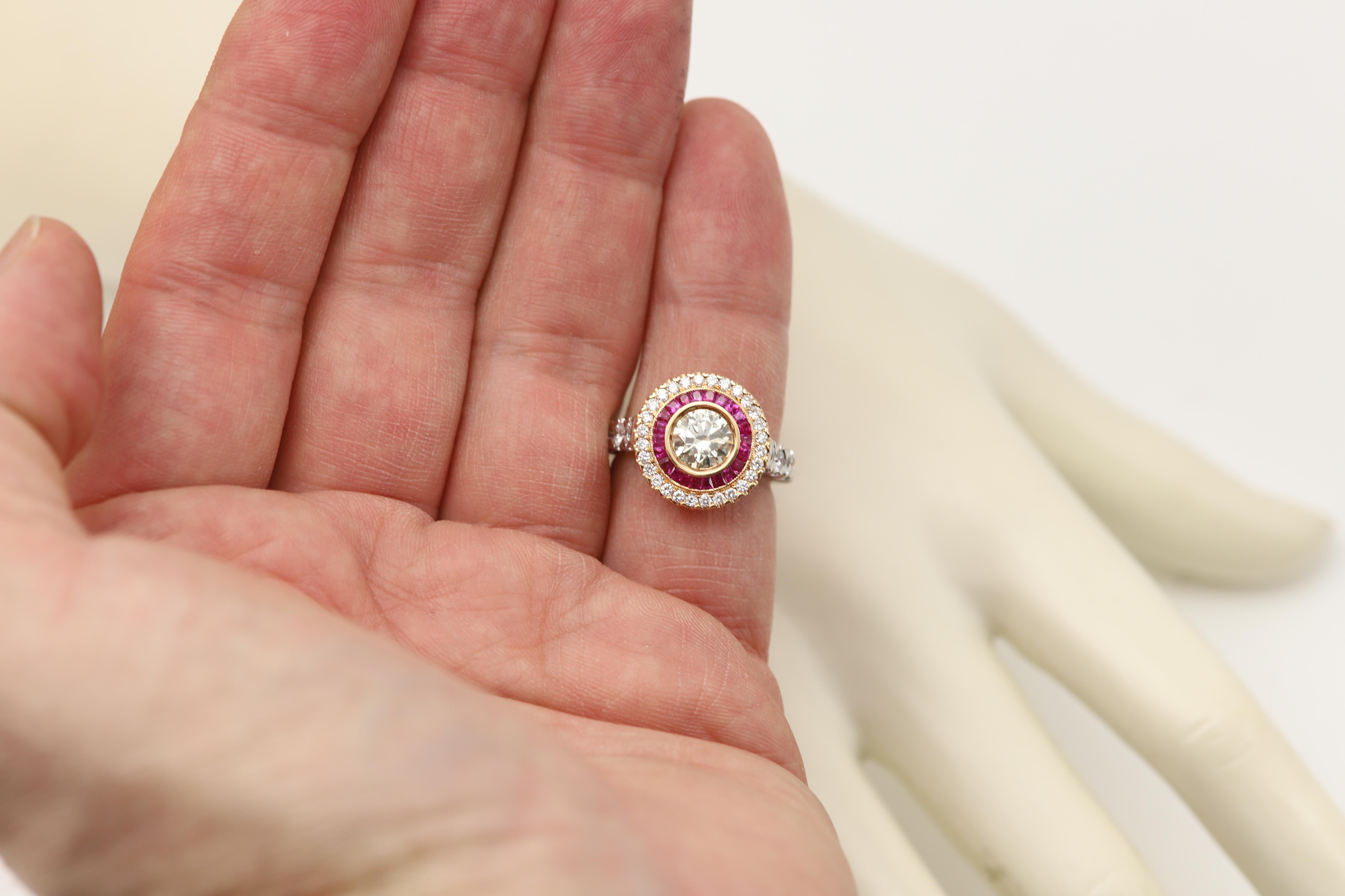 Art Deco Style Ring Ruby and Diamonds 18 Karat White & Yellow Gold Center 1.09ct For Sale 6