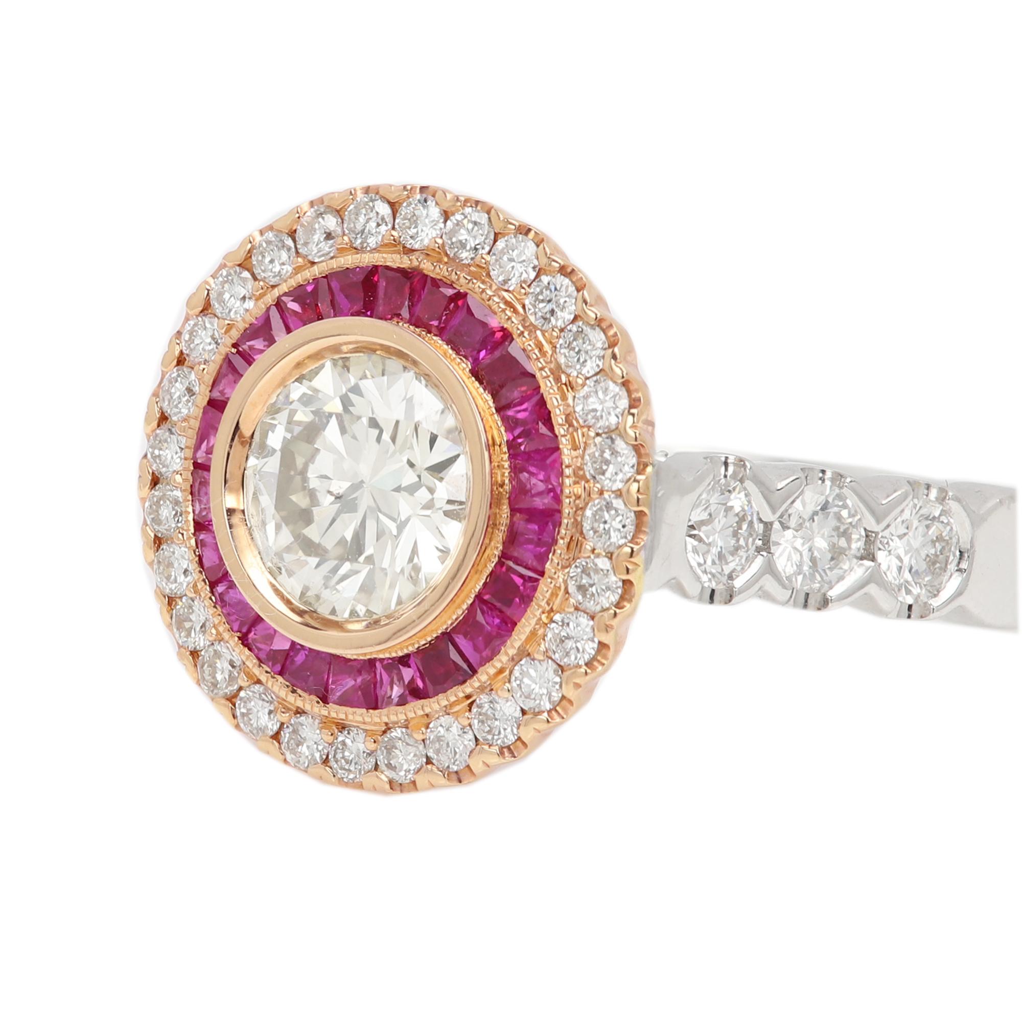 Art Deco Style Ring Ruby and Diamonds 18 Karat White & Yellow Gold Center 1.09ct For Sale 7