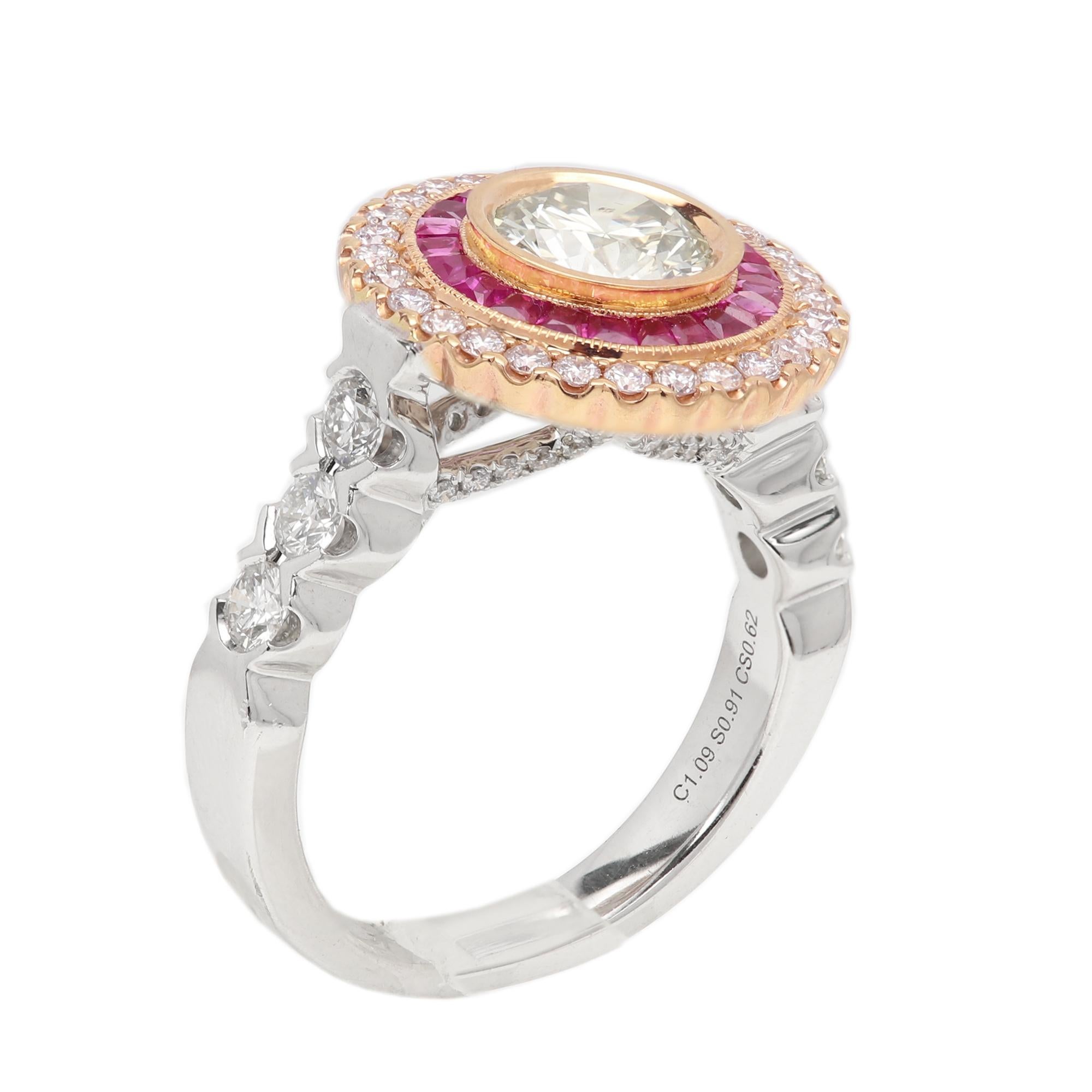 Art Deco Style Ring Ruby and Diamonds 18 Karat White & Yellow Gold Center 1.09ct For Sale 8
