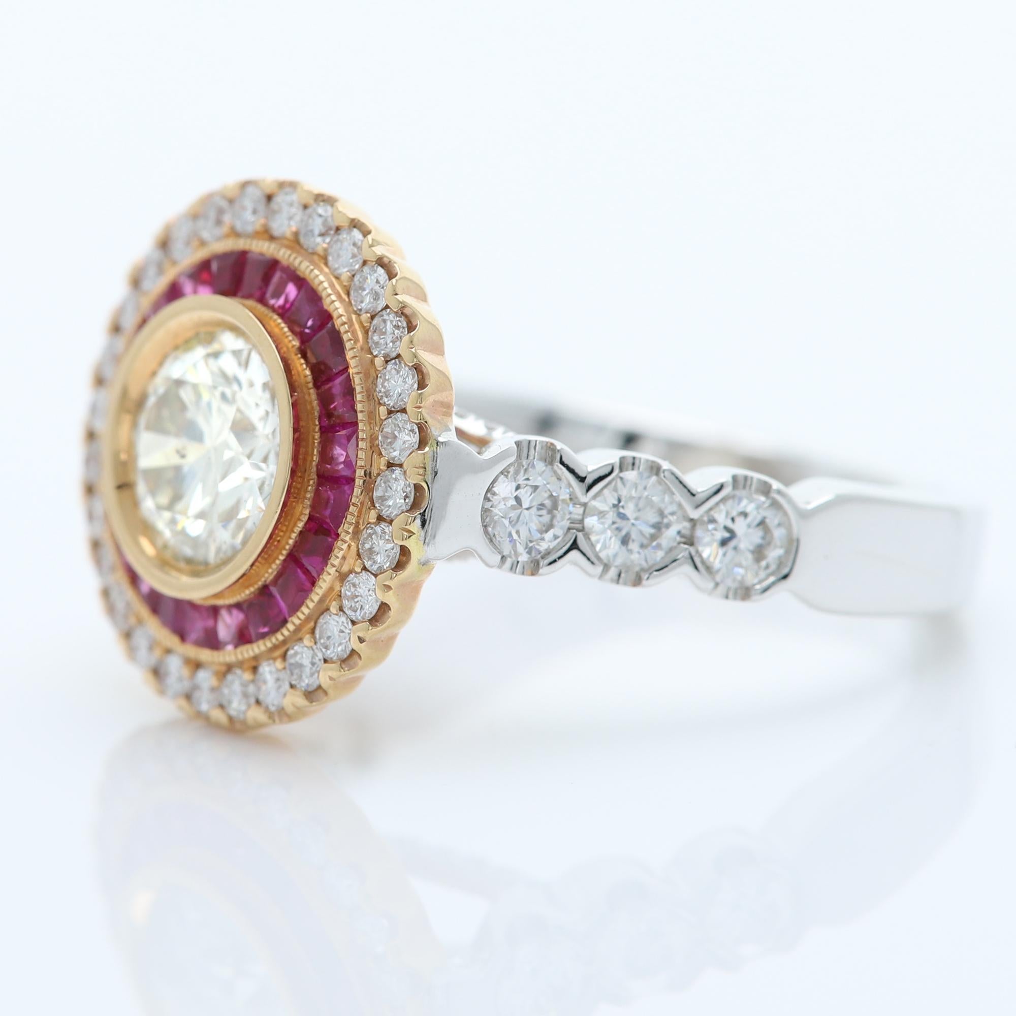 Art Deco Style Colorful Ring - Impressive and Bold
Center is Diamond surrounded with Red Ruby, sides have regular white Diamonds
All stones are Natural
18k White & Yellow Gold  8.60 grams
Center Diamond size - 1.09 carat Round Shape (7mm) Brilliant