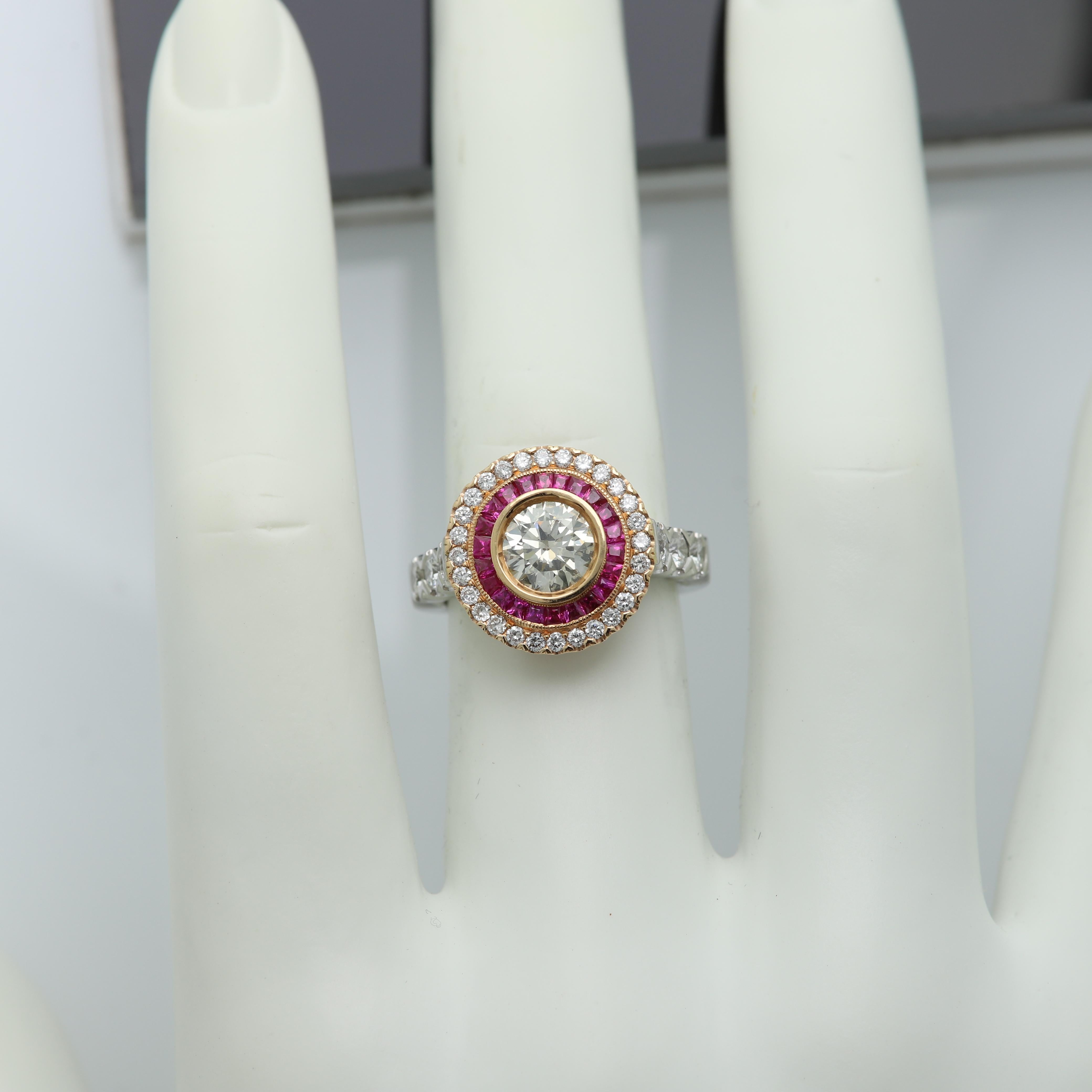 Round Cut Art Deco Style Ring Ruby and Diamonds 18 Karat White & Yellow Gold Center 1.09ct For Sale