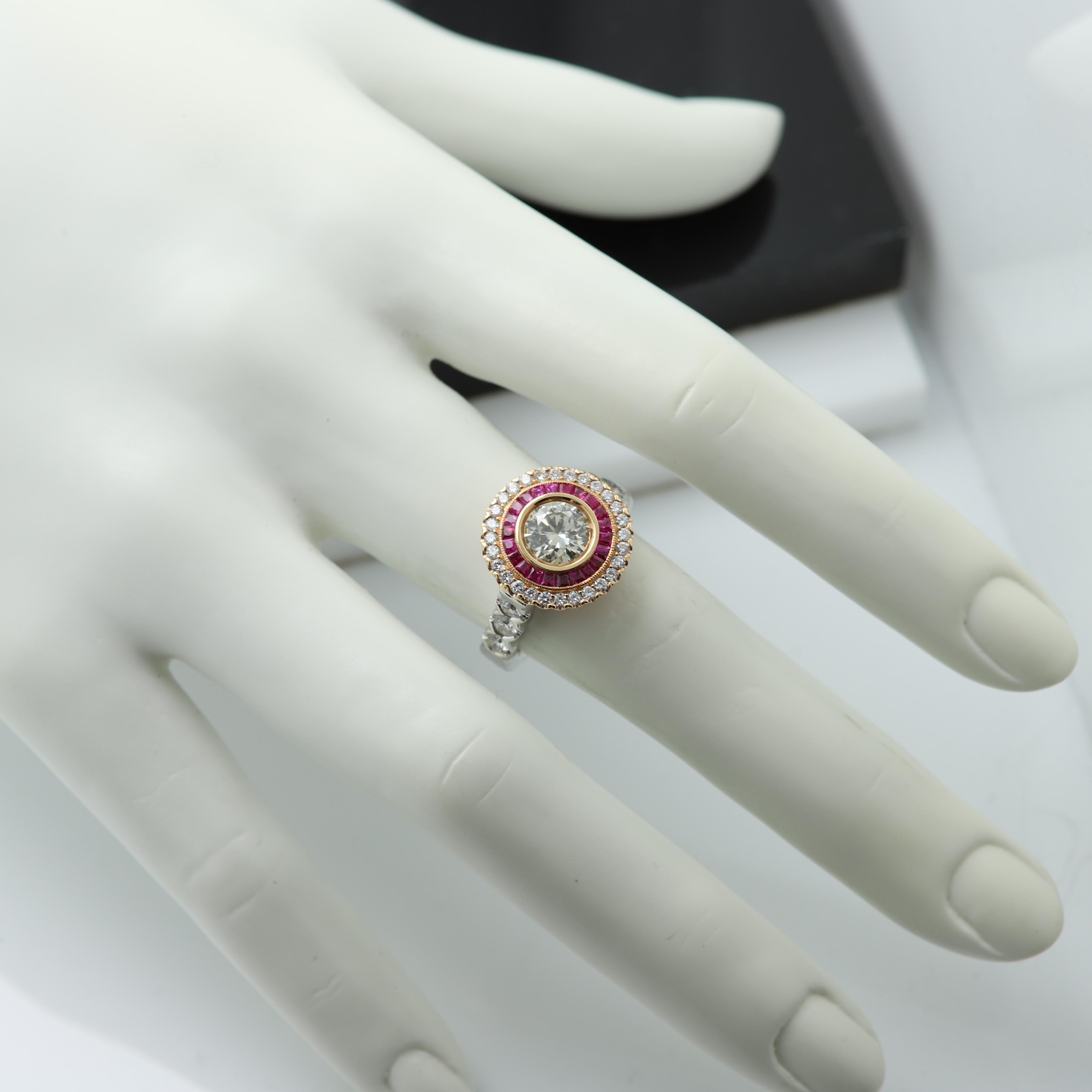 Art Deco Style Ring Ruby and Diamonds 18 Karat White & Yellow Gold Center 1.09ct In New Condition For Sale In Brooklyn, NY