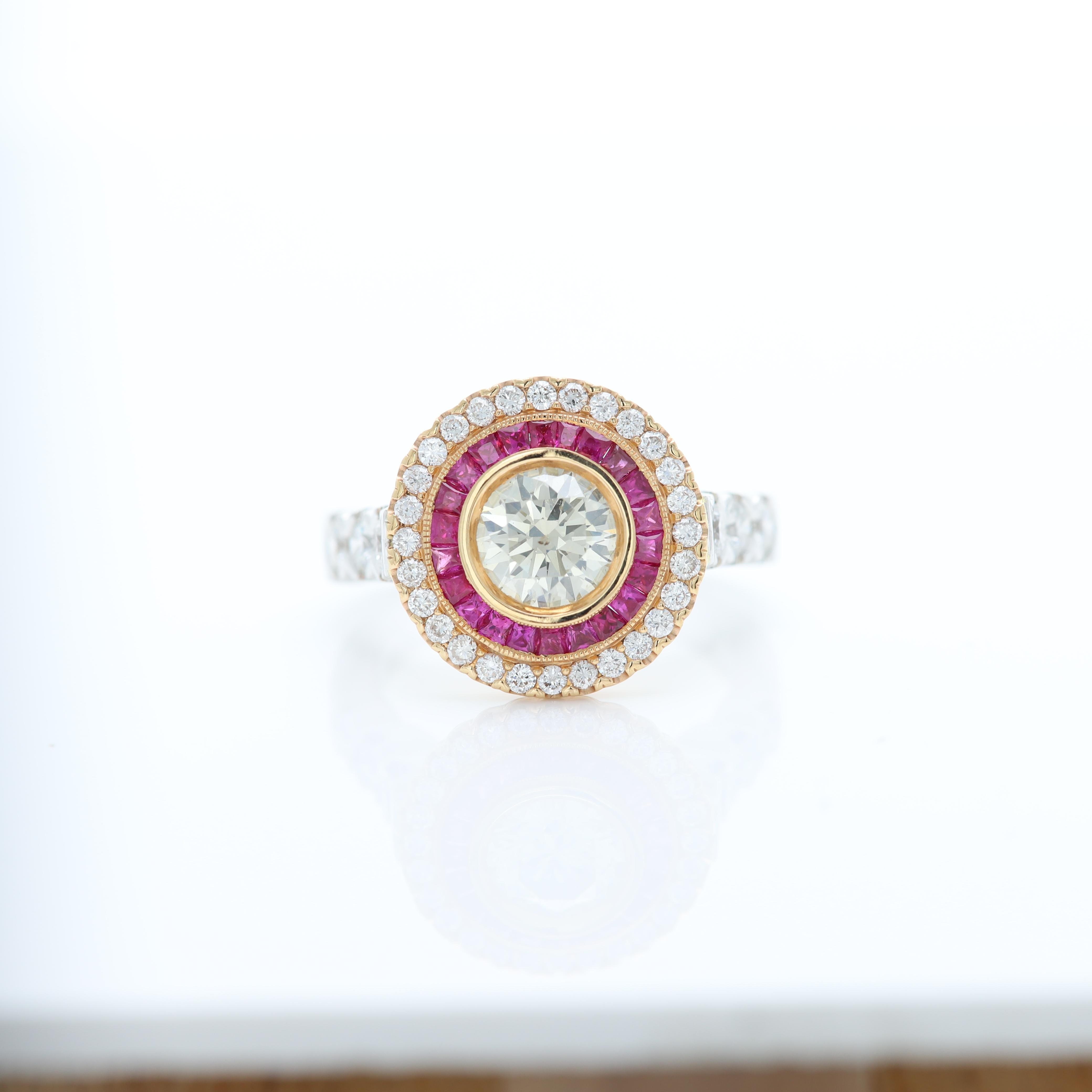 Art Deco Style Ring Ruby and Diamonds 18 Karat White & Yellow Gold Center 1.09ct For Sale 1