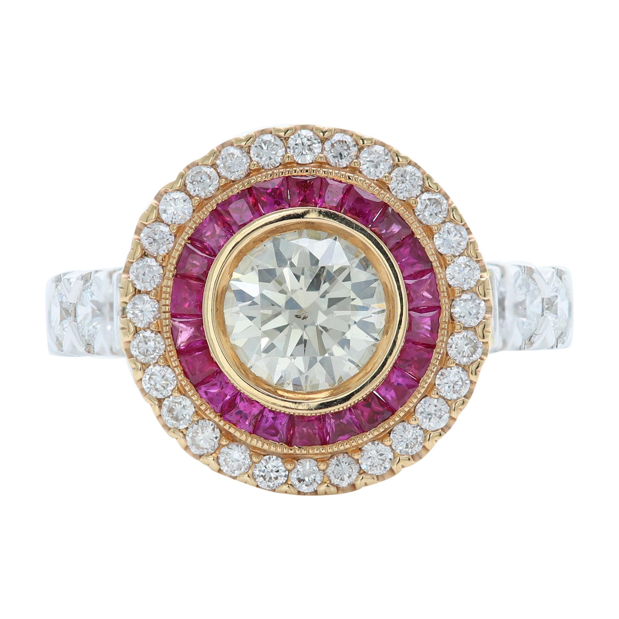 Art Deco Style Ring Ruby and Diamonds 18 Karat White & Yellow Gold Center 1.09ct