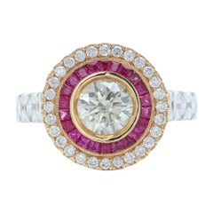 Bague de style Art déco en or blanc et jaune 18 carats avec rubis et diamants au centre 1,09 carat