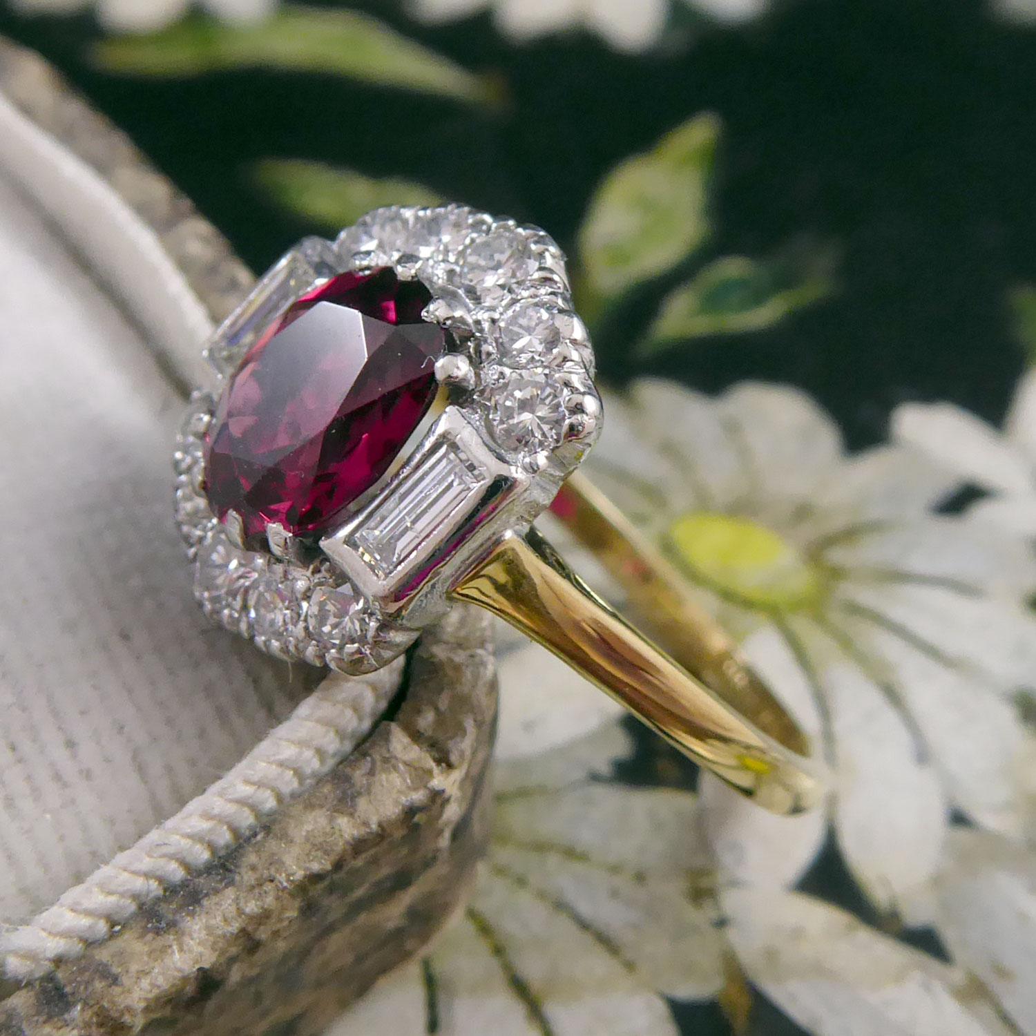 Oval Cut Art Deco Style Ring Set with Red Spinel and Diamond in Cluster Shape