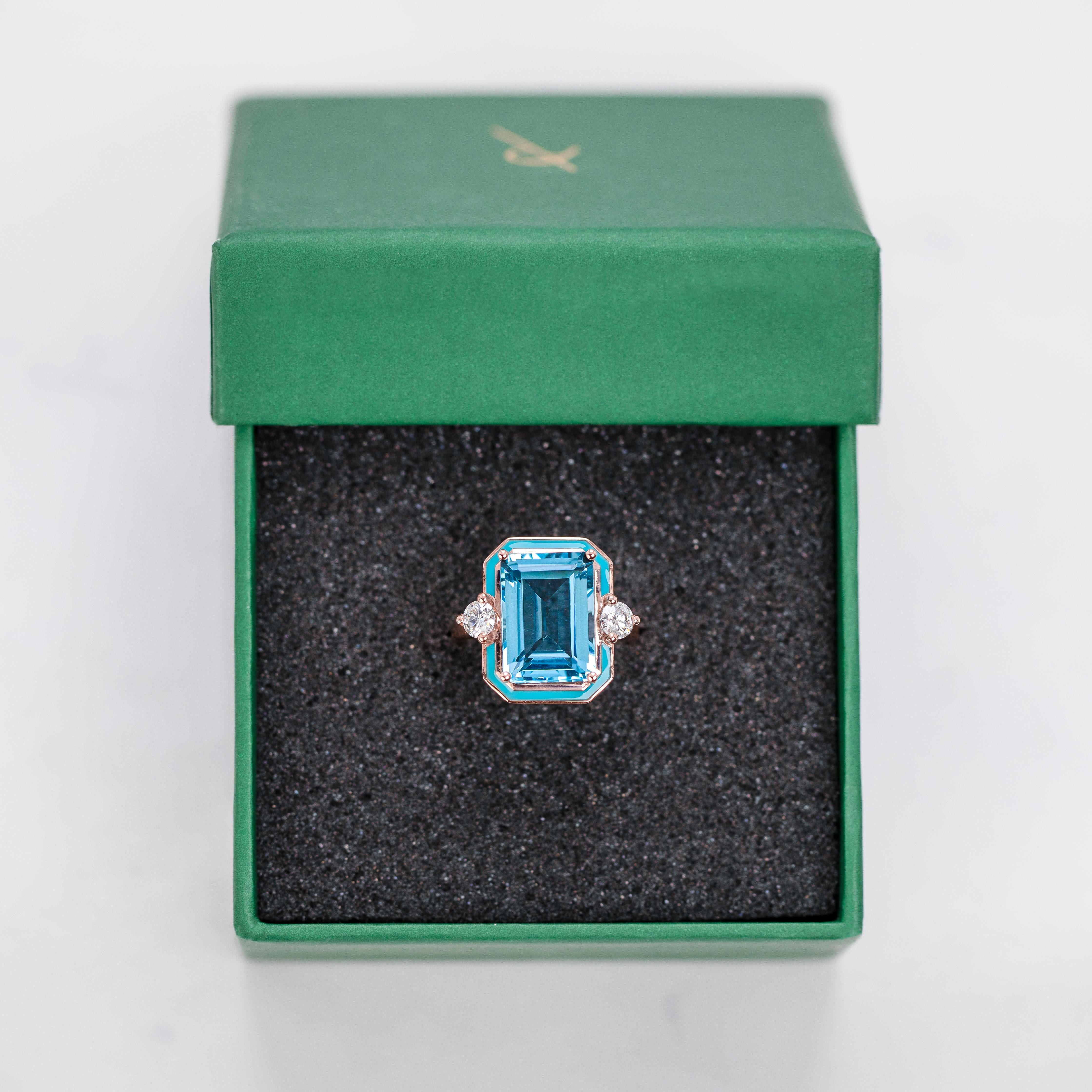 Art Deco Style Ring, Sky Topaz and Moissanite Stone Ring, 14K Gold Ring en vente 4