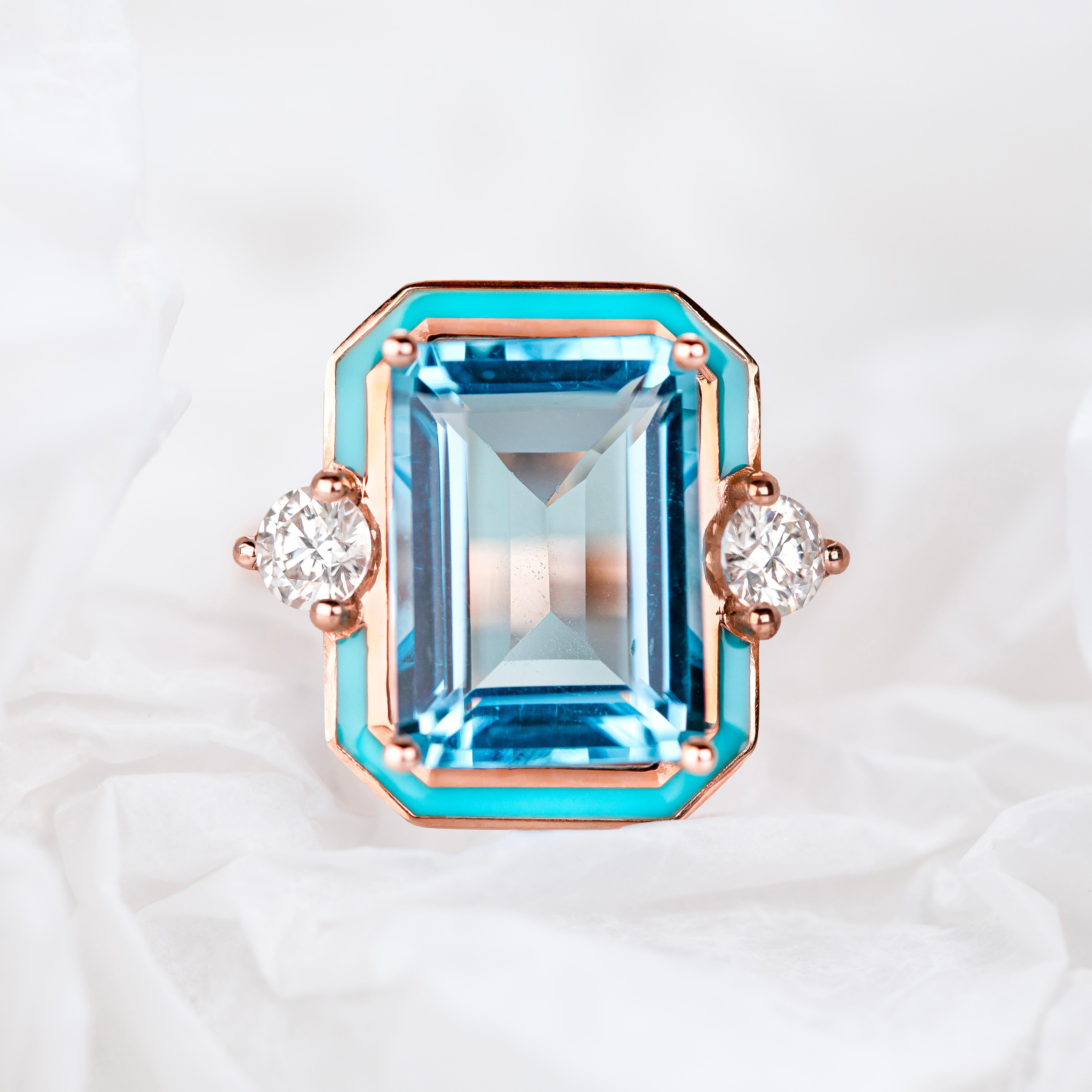 Women's or Men's Art Deco Style Ring, Sky Topaz and Moissanite Stone Ring, 14K Gold Ring For Sale