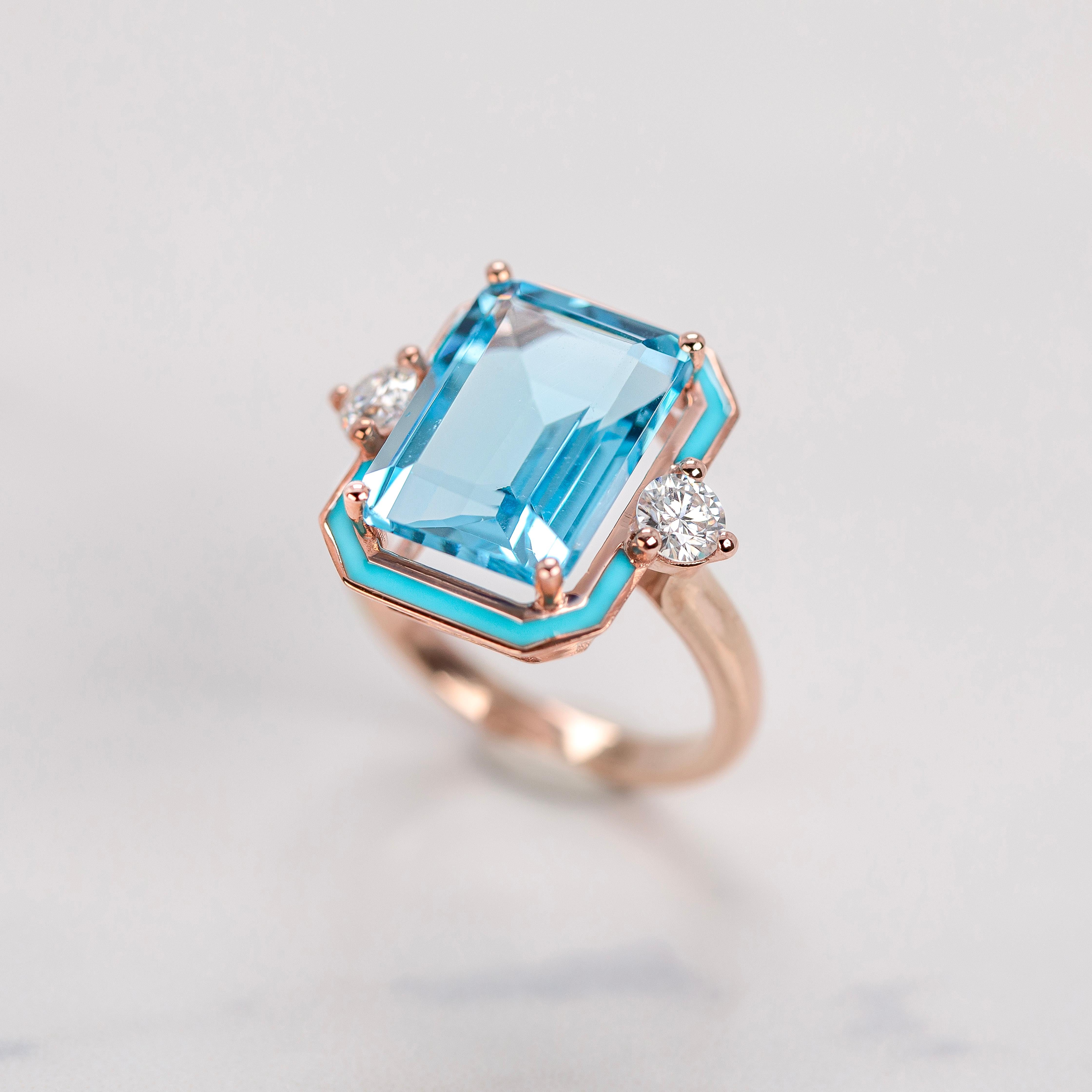Art Deco Style Ring, Sky Topaz and Moissanite Stone Ring, 14K Gold Ring For Sale 1