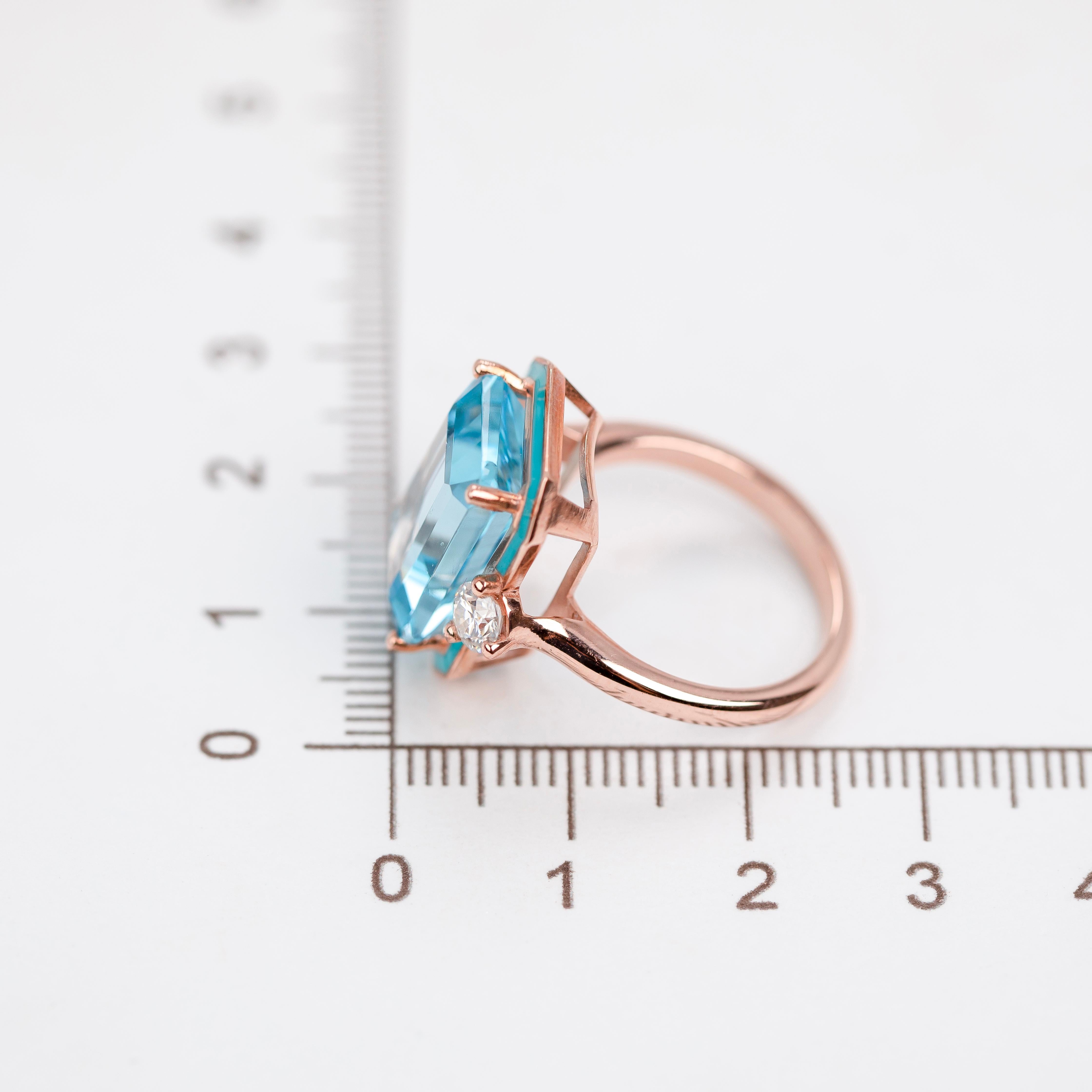 Art Deco Style Ring, Sky Topaz and Moissanite Stone Ring, 14K Gold Ring For Sale 3
