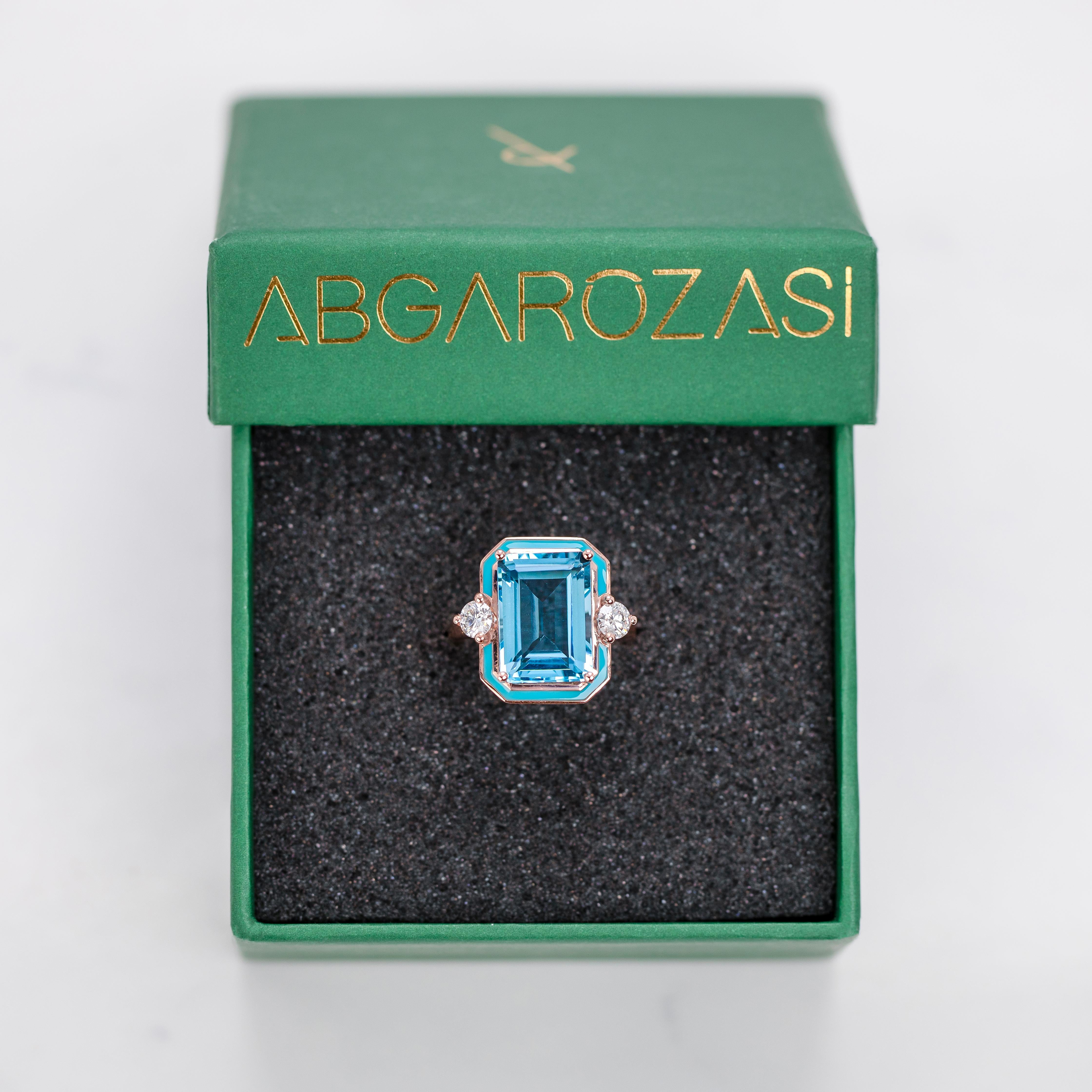 Art Deco Style Ring, Sky Topaz and Moissanite Stone Ring, 14K Gold Ring en vente 3