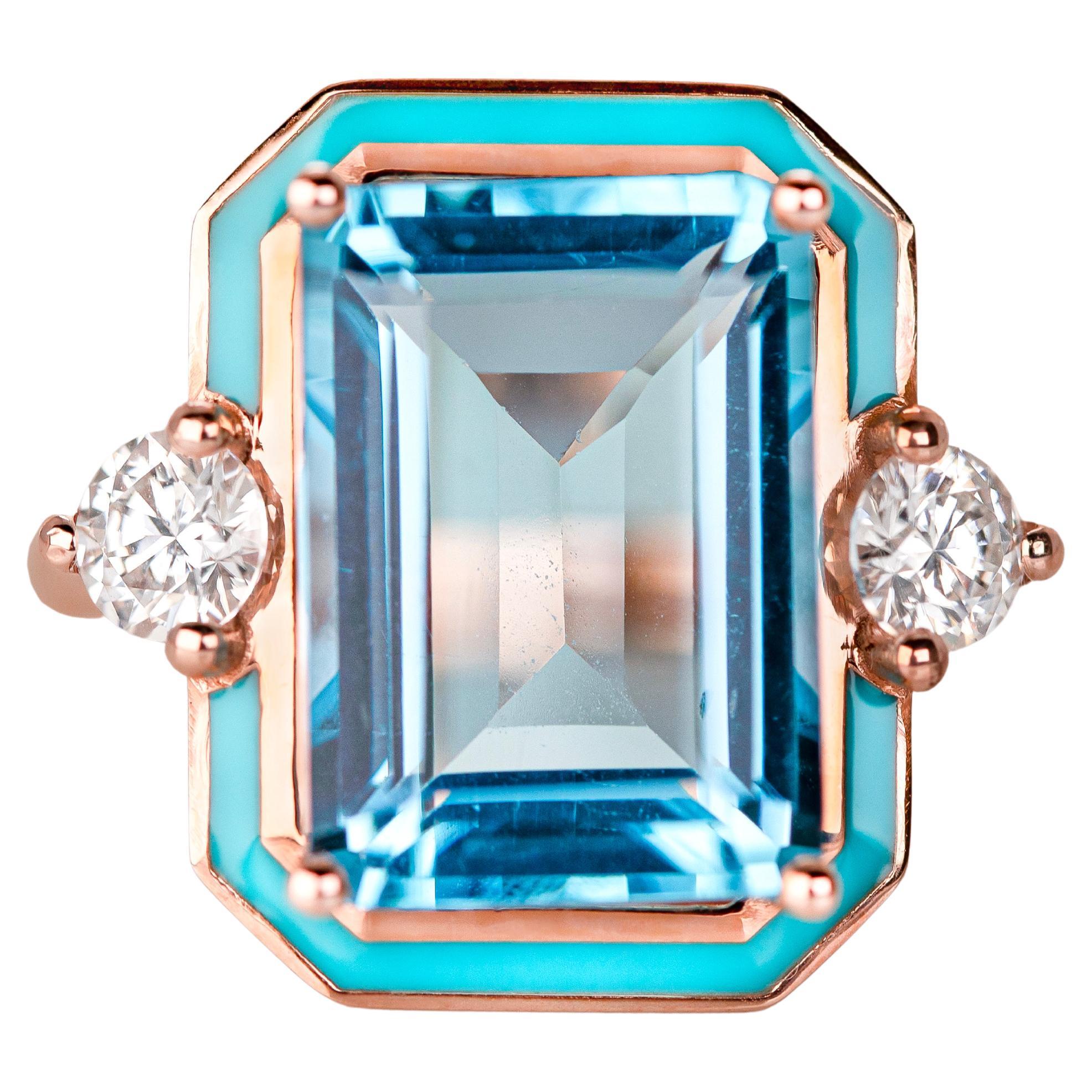 Art Deco Style Ring, Sky Topaz and Moissanite Stone Ring, 14K Gold Ring en vente