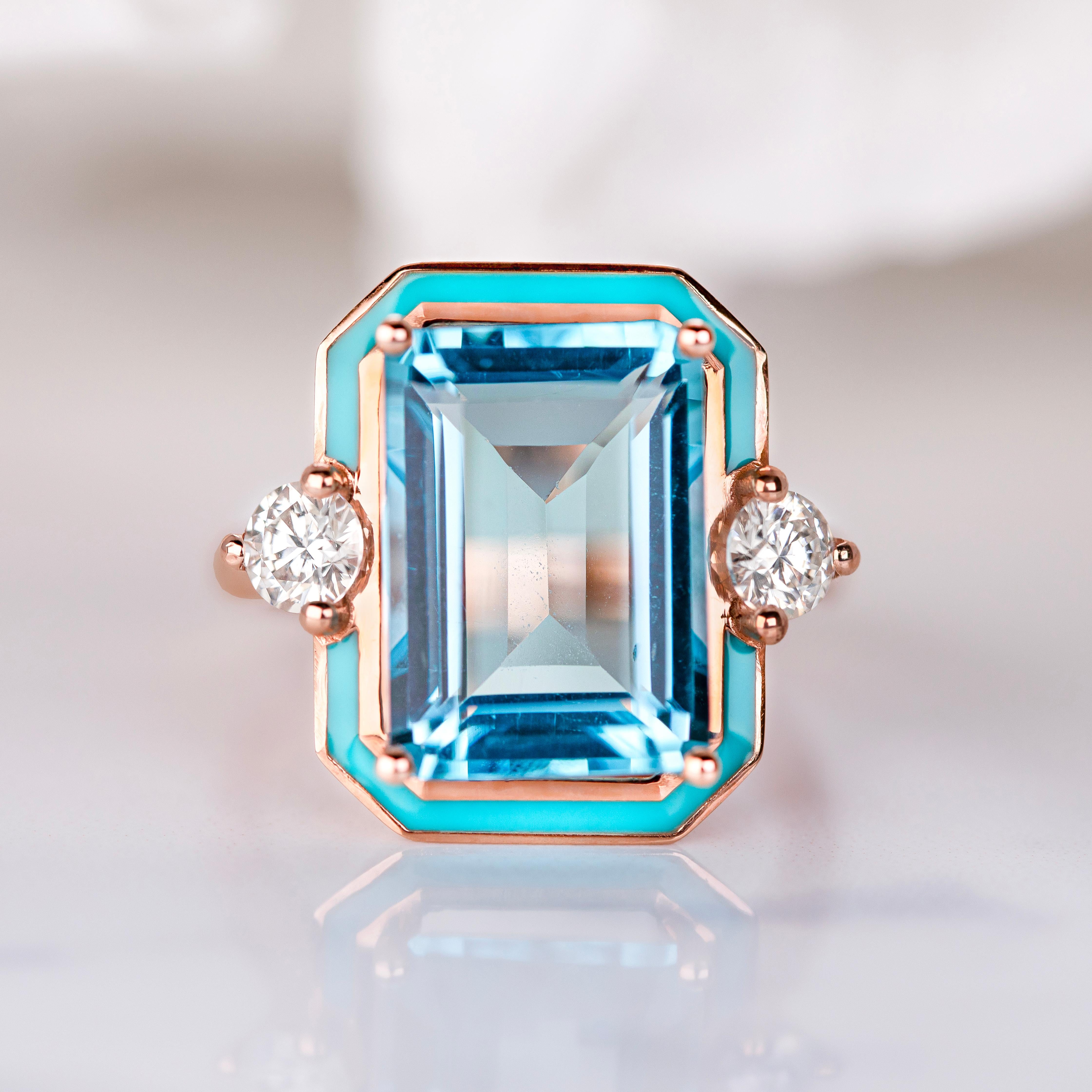 Taille émeraude Bague de style Art déco, topaze ciel et moissanite, plaquée or argent 925 en vente