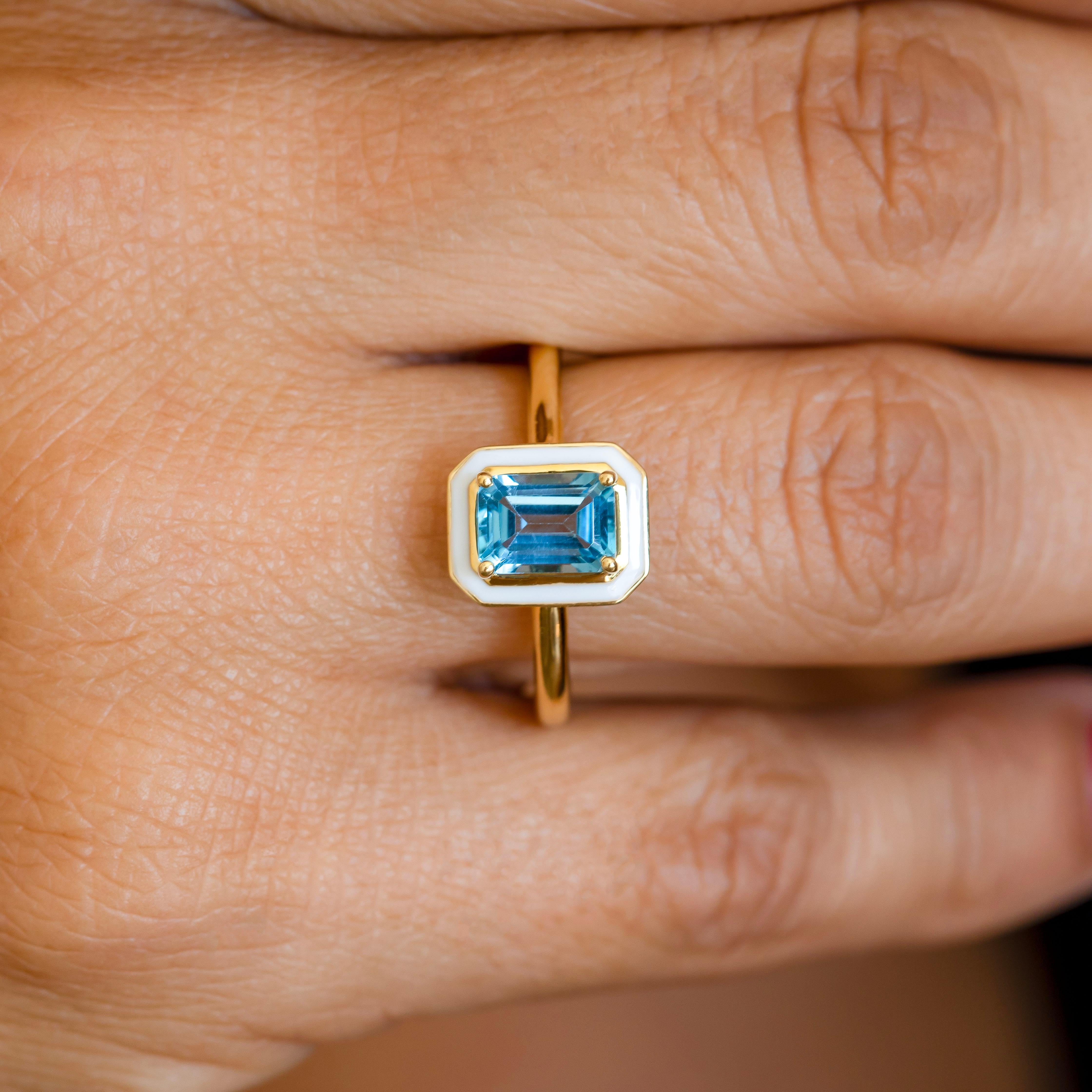 Emerald Cut Art Deco Style Ring, Sky Topaz Stone and Colorful Enamel ,  925 Sterling Silver For Sale