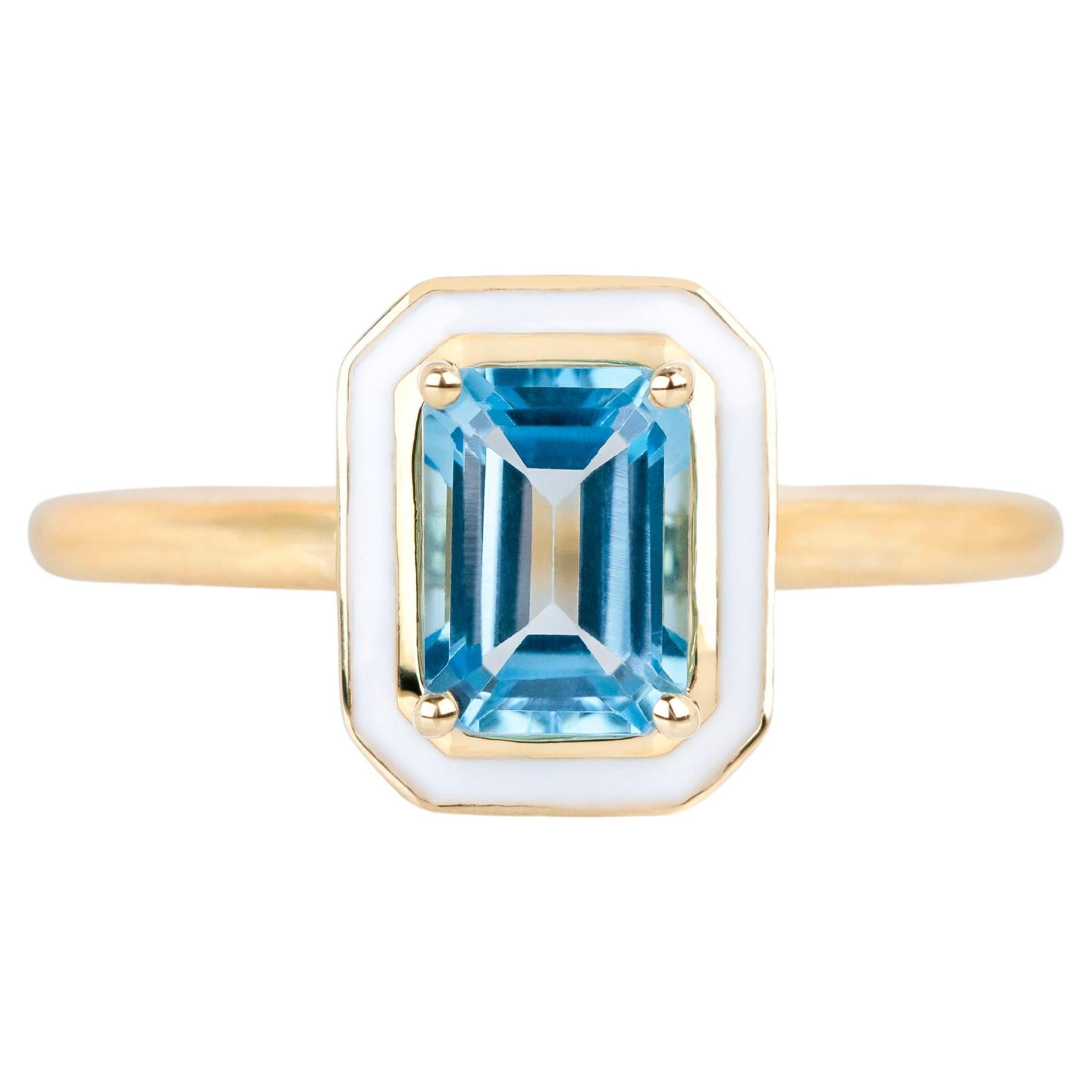 Art Deco Style Ring, Sky Topaz Stone and Colorful Enamel ,  925 Sterling Silver For Sale