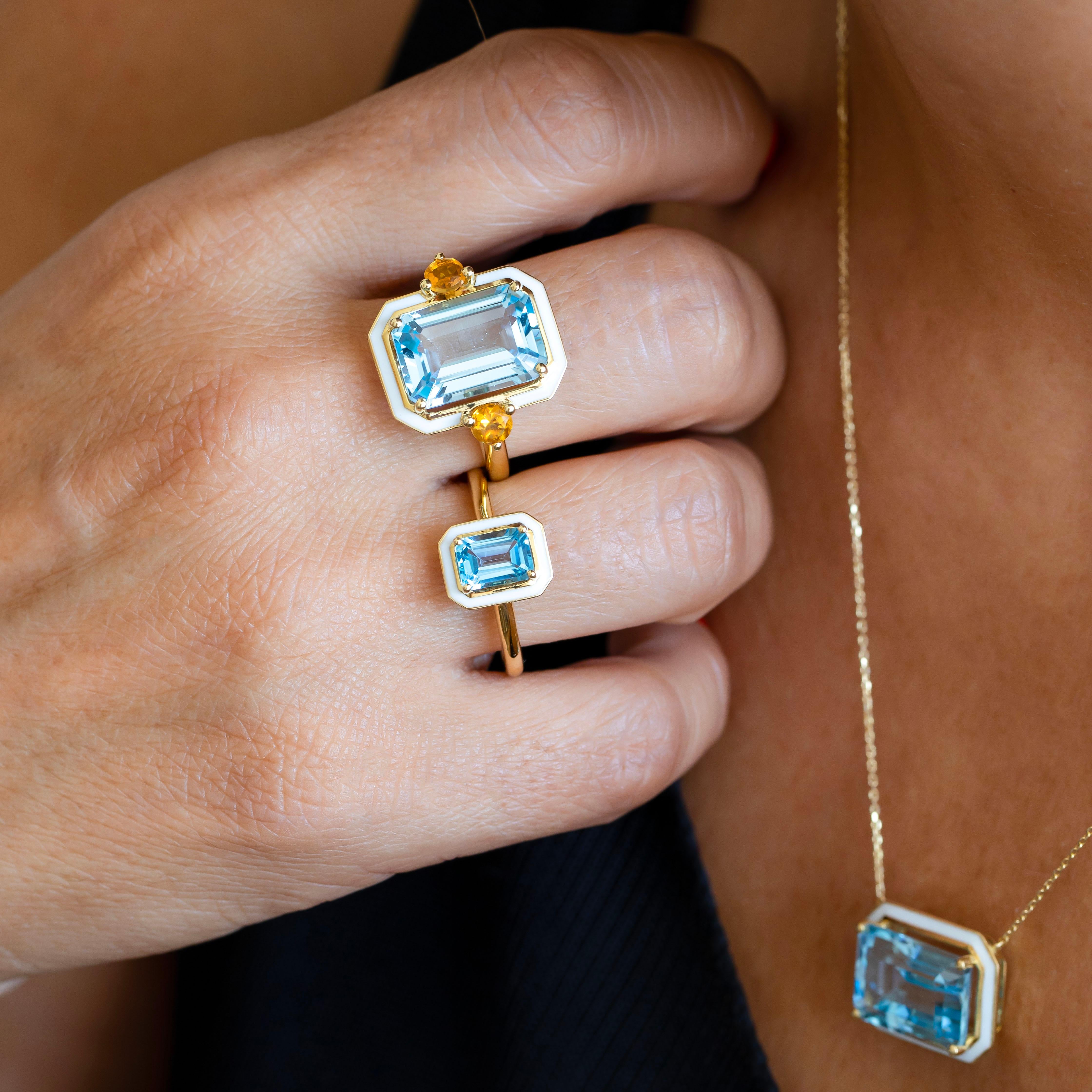 Emerald Cut Art Deco Style Ring, Sky Topaz Stone and Colorful Enamel Ring, 14K Solid Gold For Sale