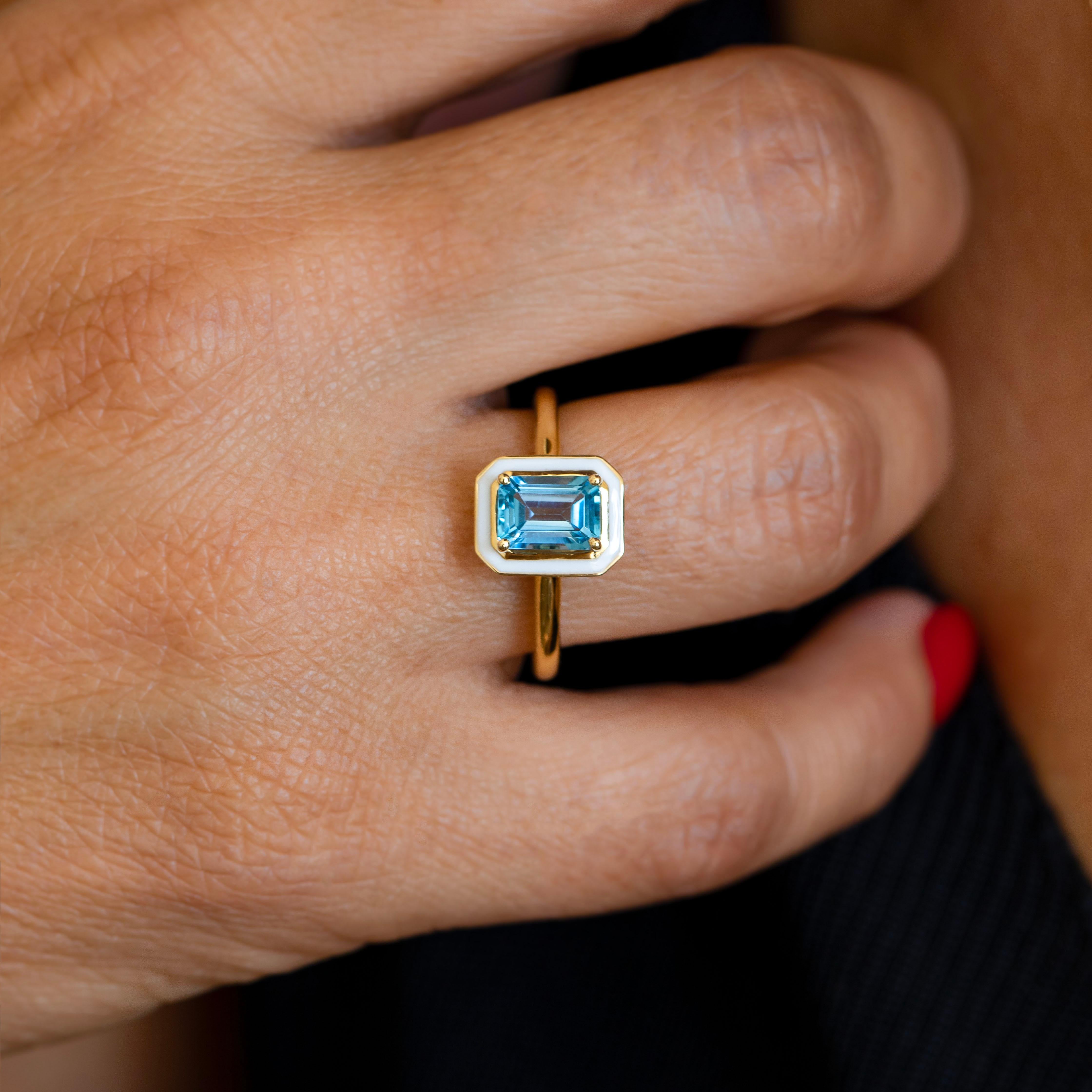 Art Deco Style Ring, Sky Topaz Stone and Colorful Enamel Ring, 14K Solid Gold In New Condition For Sale In ISTANBUL, TR