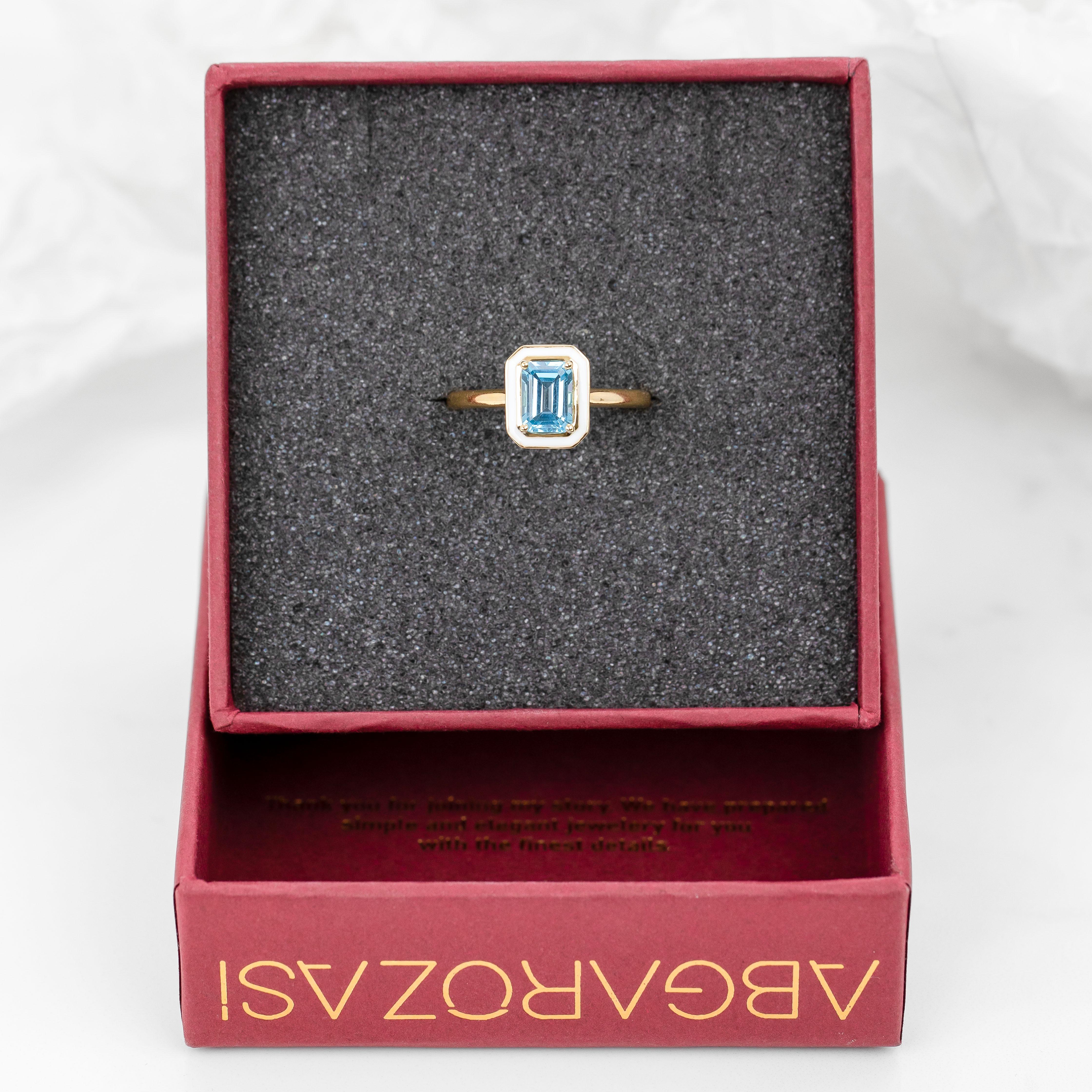 Women's Art Deco Style Ring, Sky Topaz Stone and Colorful Enamel Ring, 14K Solid Gold For Sale