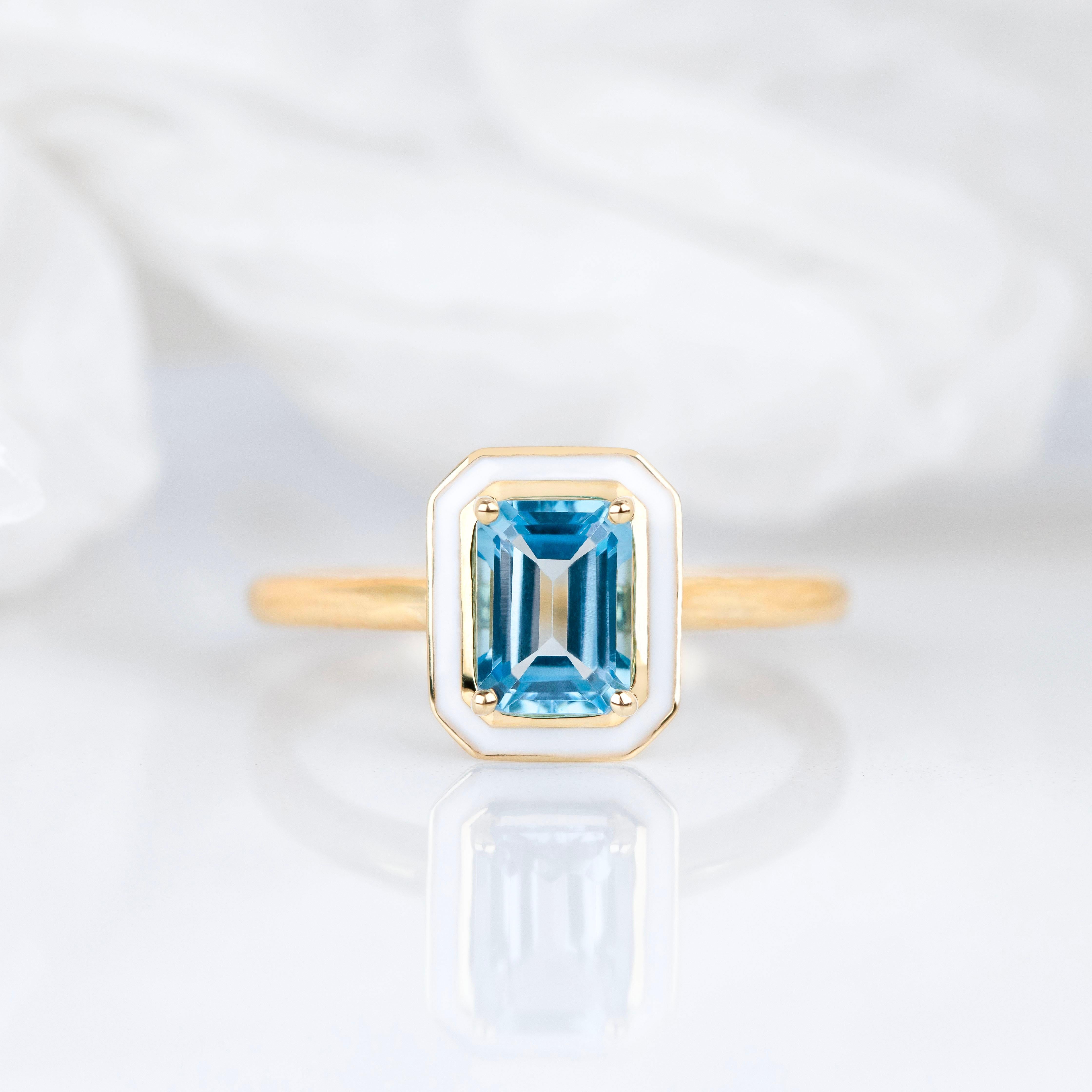 Art Deco Style Ring, Sky Topaz Stone and Colorful Enamel Ring, 14K Solid Gold For Sale 1