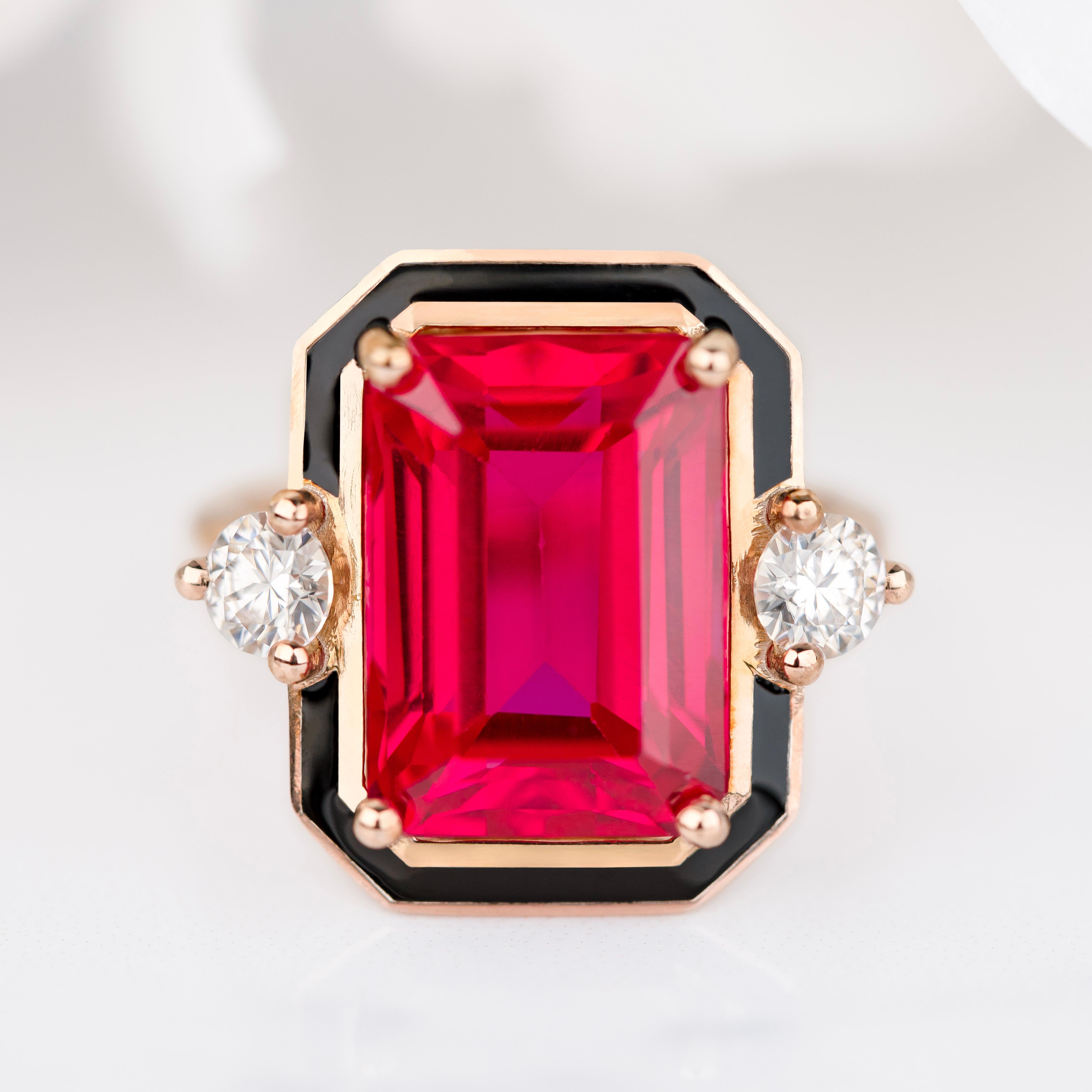 Art Deco Style Ring, Synthetic Ruby and Moissanite Stone Ring, 14K Gold Ring

This ring was made with quality materials and excellent handwork. I guarantee the quality assurance of my handwork and materials. It is vital for me that you are totally