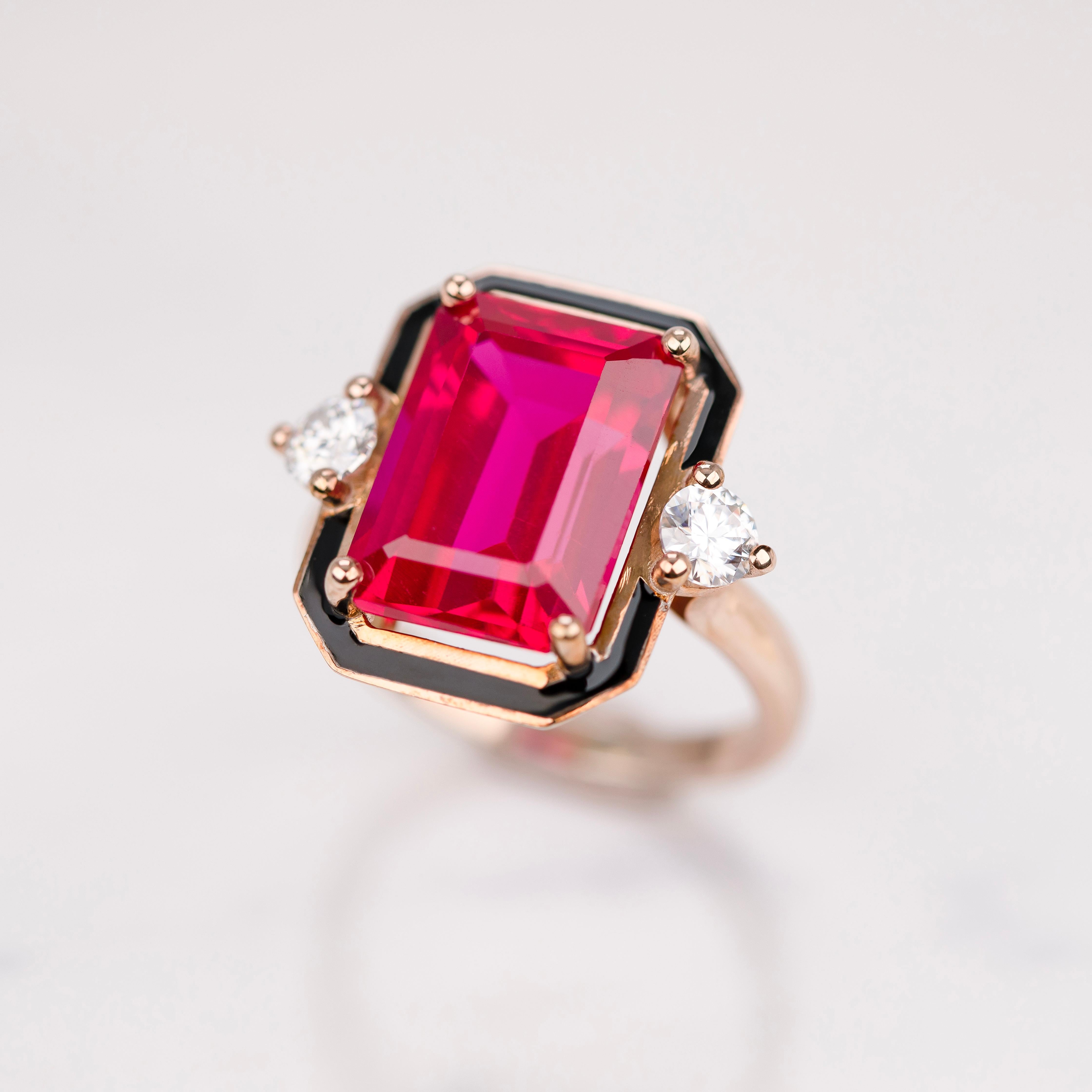 Emerald Cut Art Deco Style Ring, Synthetic Ruby and Moissanite Stone Ring, 14K Gold Ring For Sale
