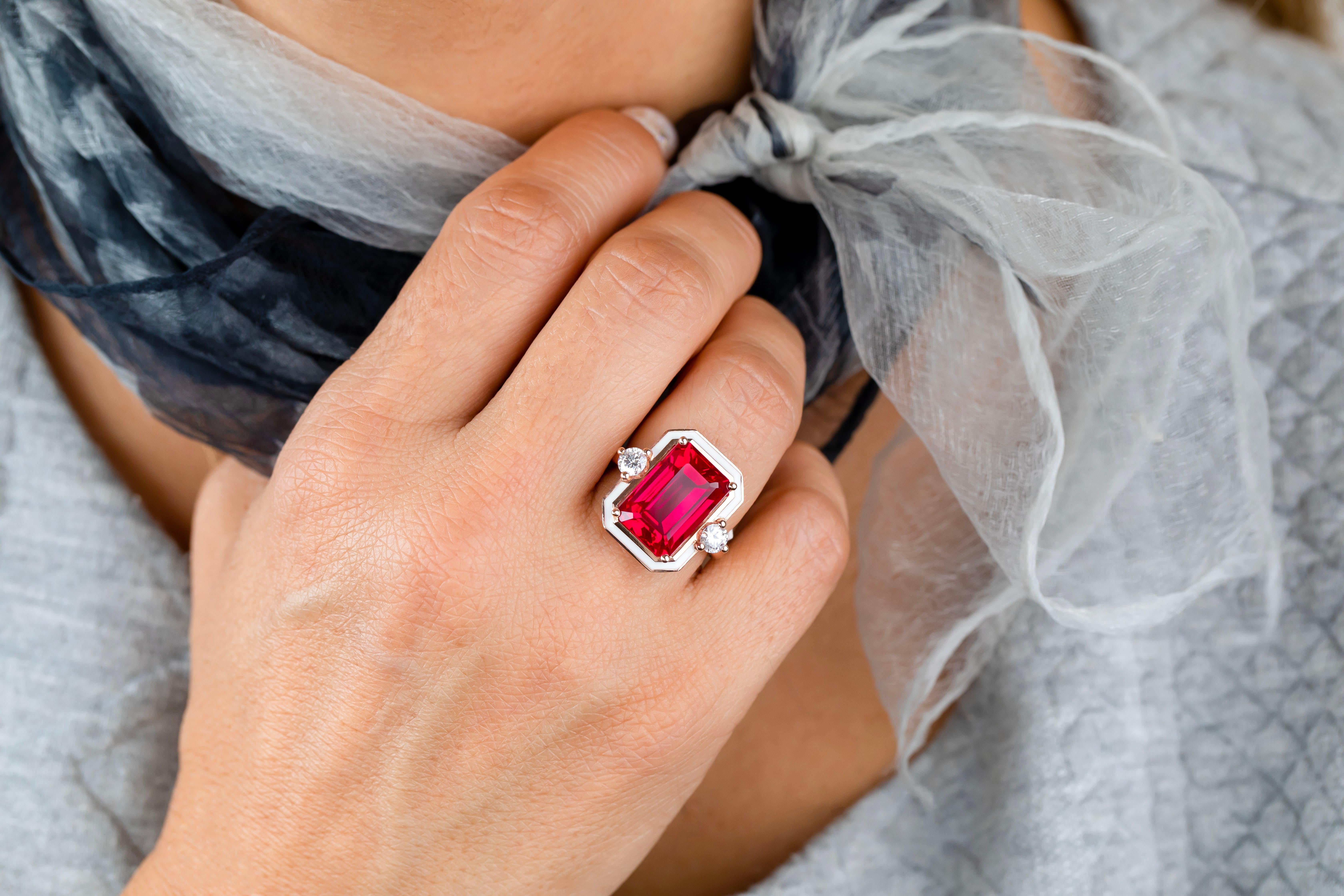 Emerald Cut Art Deco Style Ring, Synthetic Ruby and Moissanite Stone Ring, 14K Gold Ring For Sale