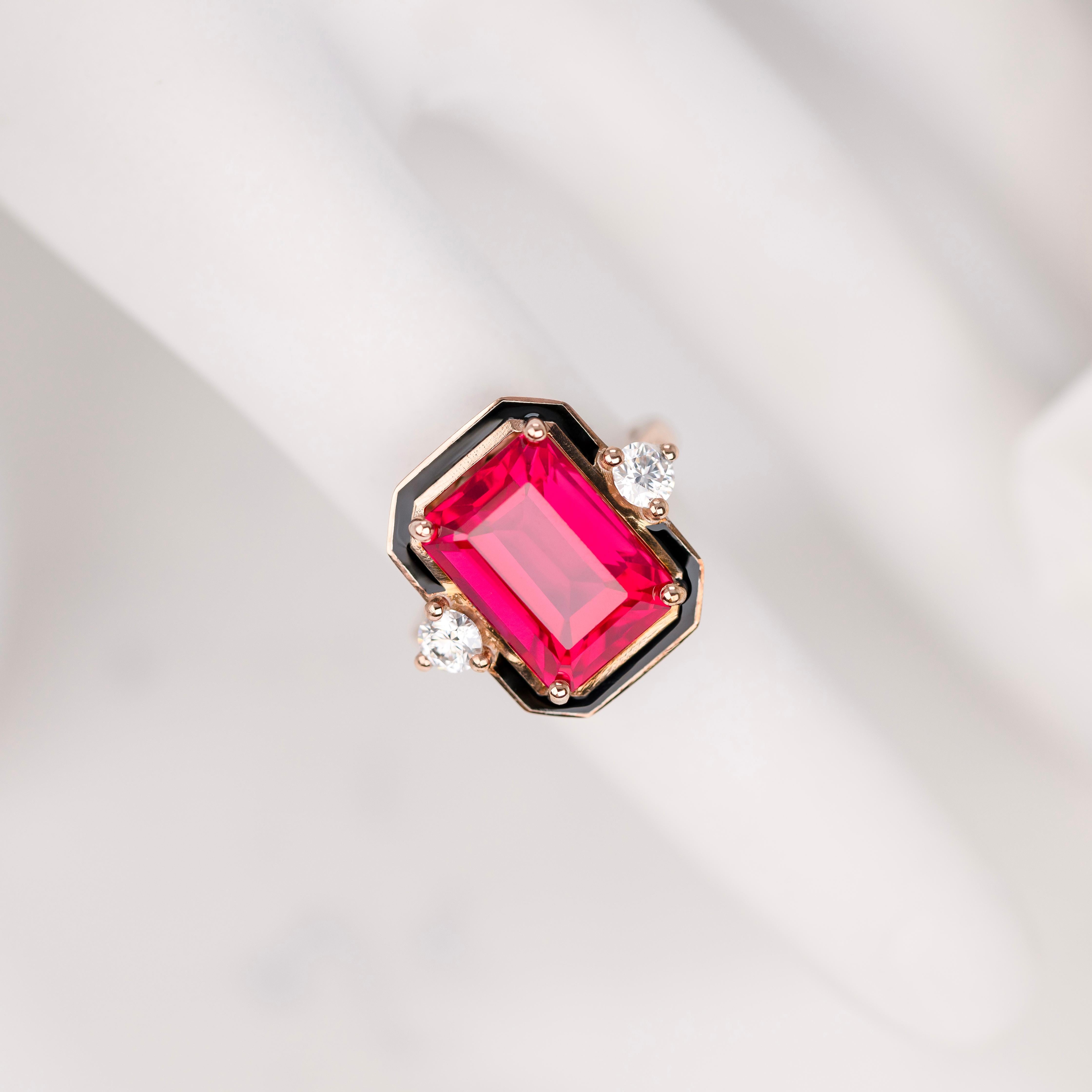 Art Deco Style Ring, Synthetic Ruby and Moissanite Stone Ring, 14K Gold Ring In New Condition For Sale In ISTANBUL, TR