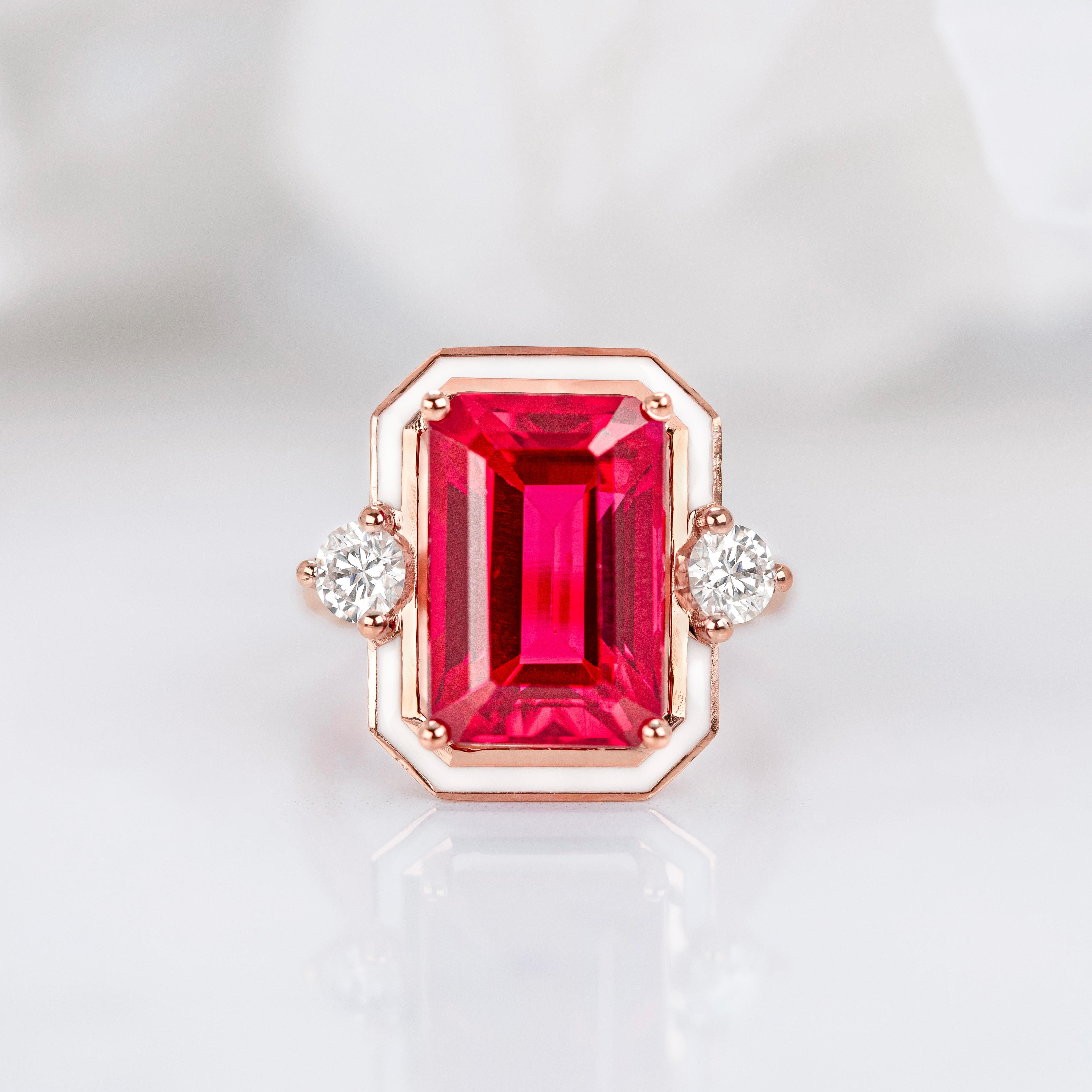 Art Deco Style Ring, Synthetic Ruby and Moissanite Stone Ring, 14K Gold Ring In New Condition For Sale In ISTANBUL, TR