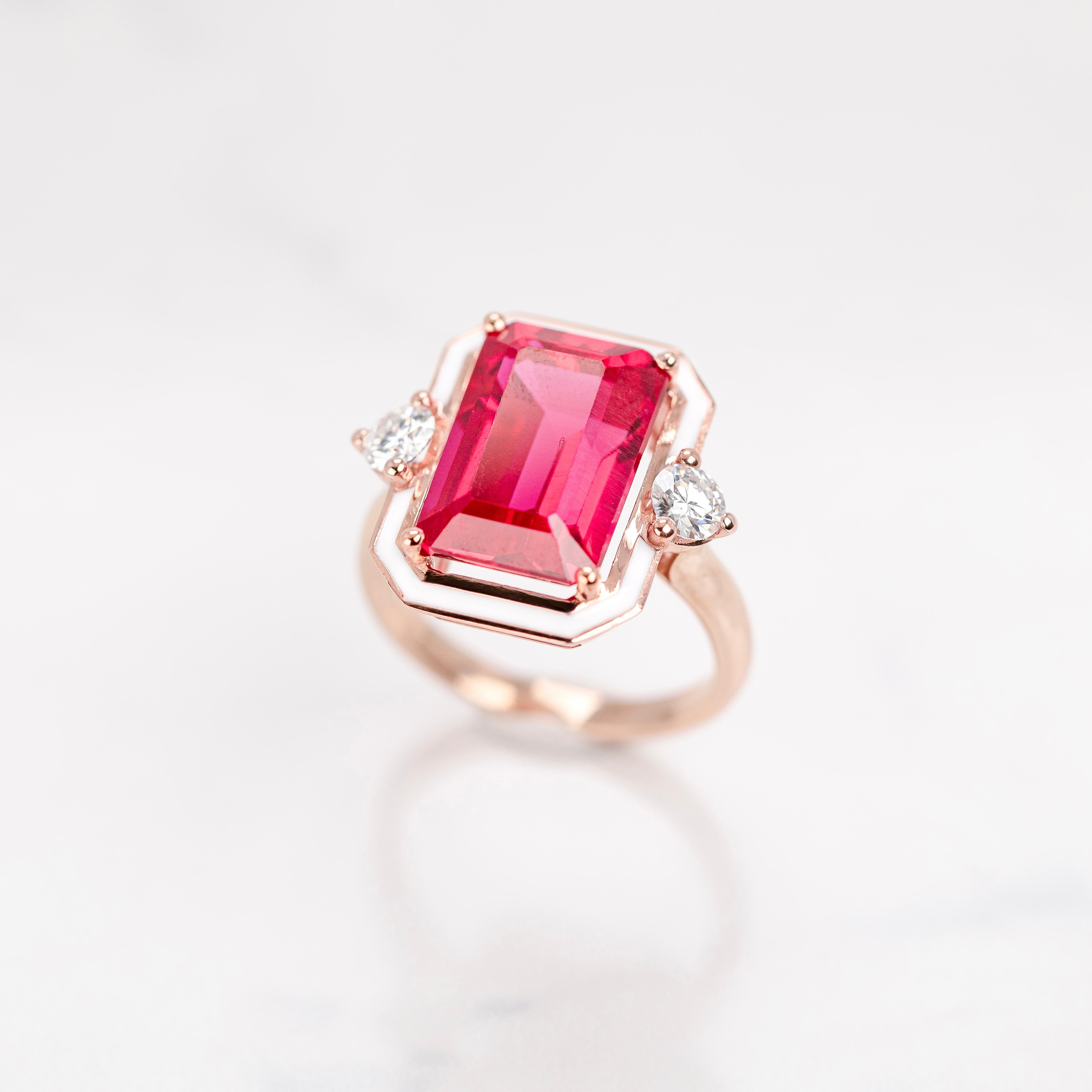 Women's Art Deco Style Ring, Synthetic Ruby and Moissanite Stone Ring, 14K Gold Ring For Sale