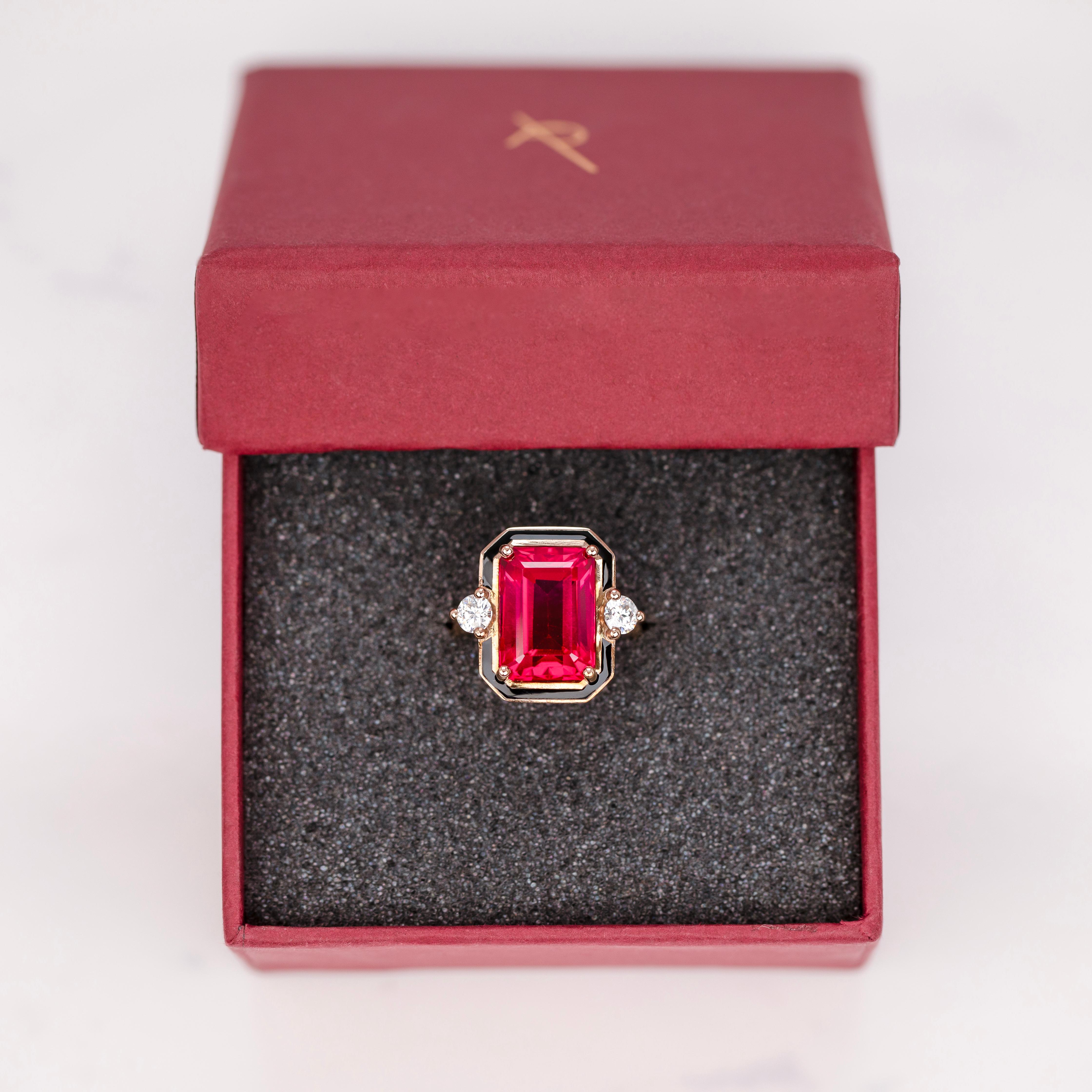 Art Deco Style Ring, Synthetic Ruby and Moissanite Stone Ring, 14K Gold Ring For Sale 1