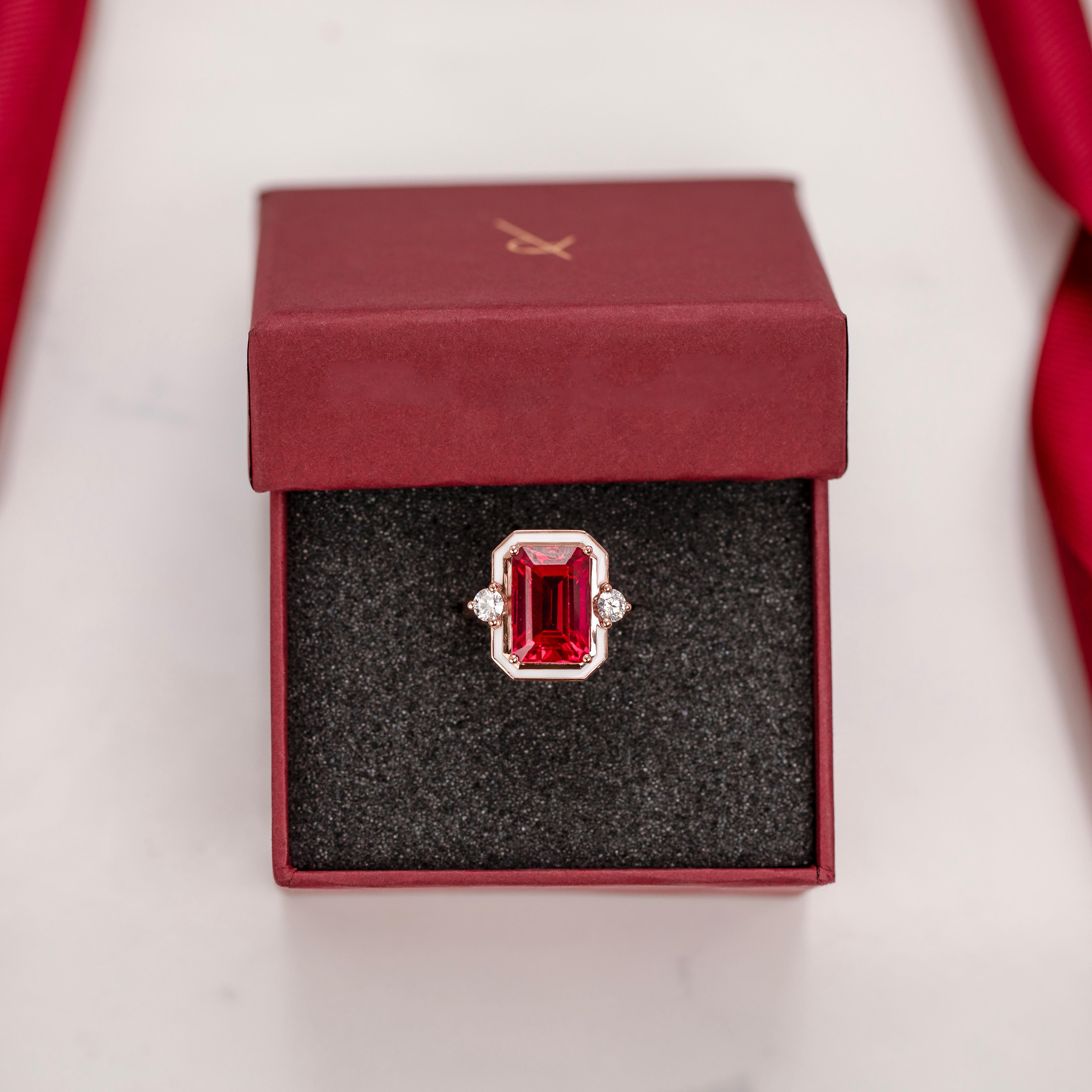 Art Deco Style Ring, Synthetic Ruby and Moissanite Stone Ring, 14K Gold Ring For Sale 1