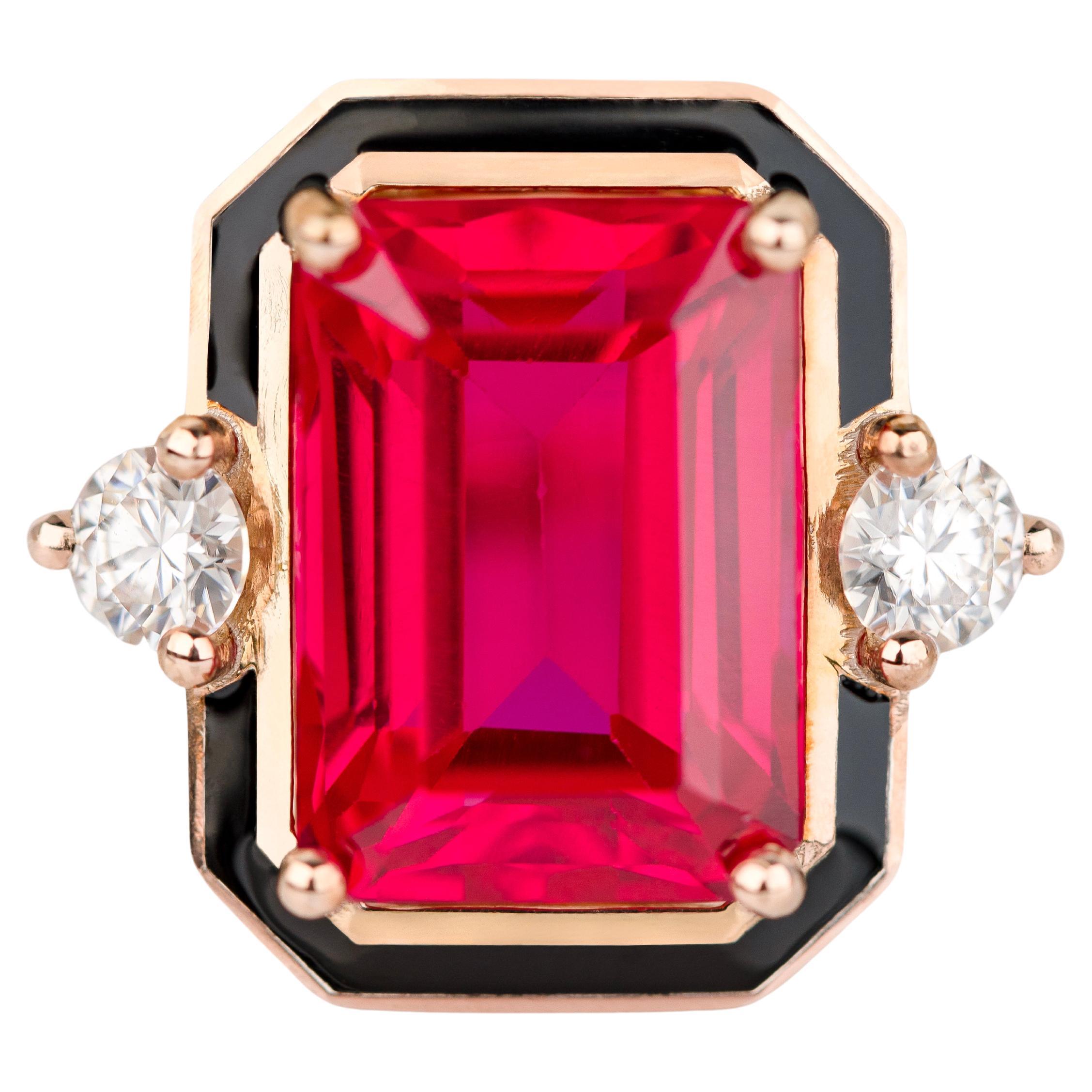 Art Deco Style Ring, Synthetic Ruby and Moissanite Stone Ring, 14K Gold Ring For Sale